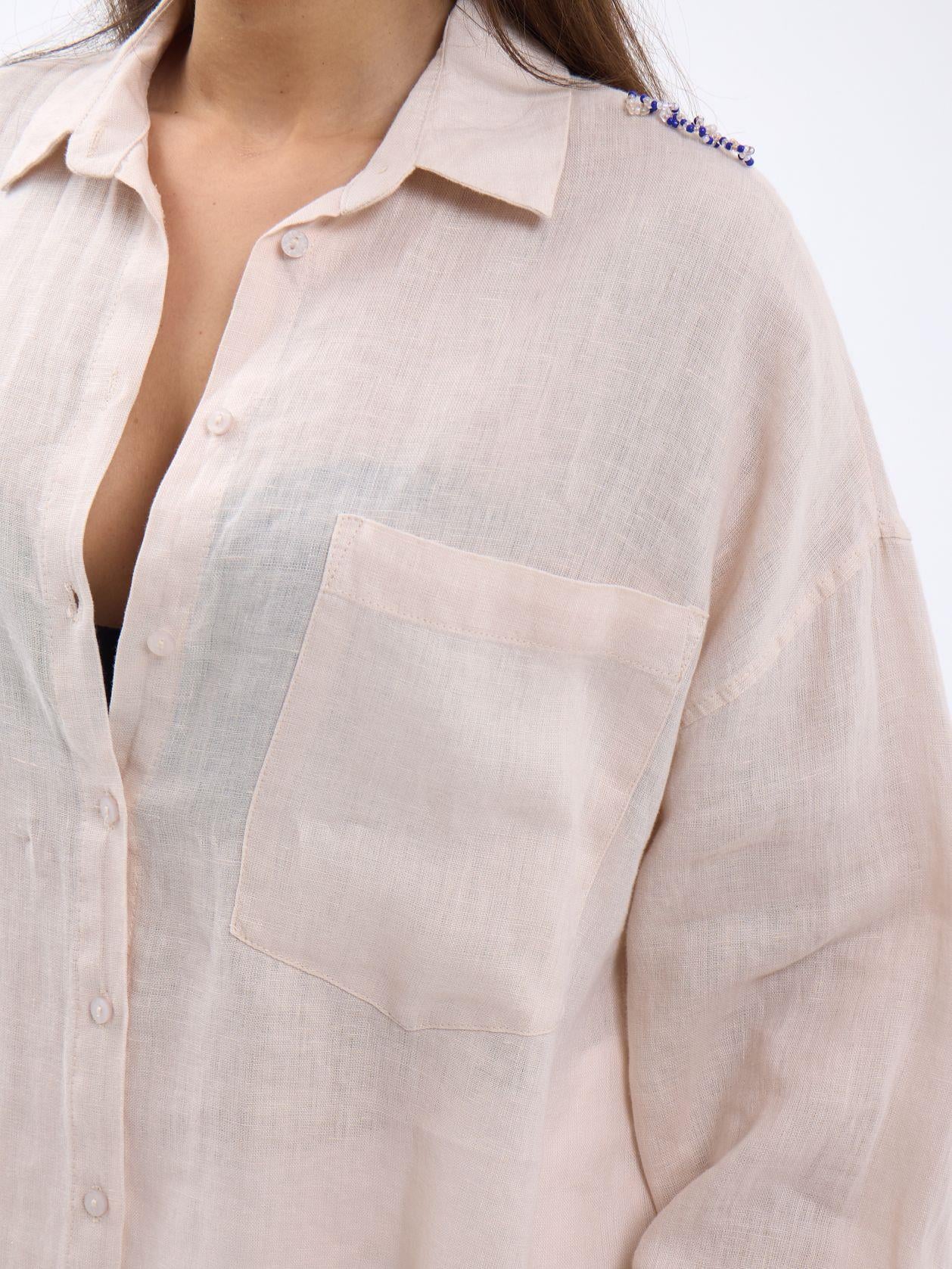 Long-Sleeved Linen Blouse in Light Beige - Fame - by Peralane - photo 5