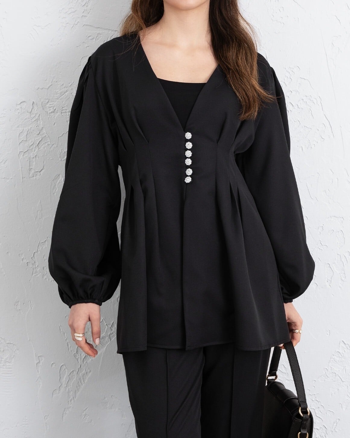Stone Button Elastic Cuff Double Trousers Set - Black - Podyumplus - by Peralane - photo 6