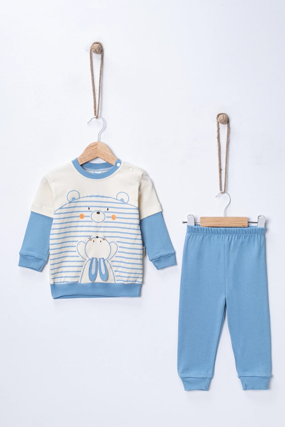 Baby Boys' 3-Piece Pyjama Set - Striped Top with Bear Print and Blue Pants - Hoppidik - by Peralane