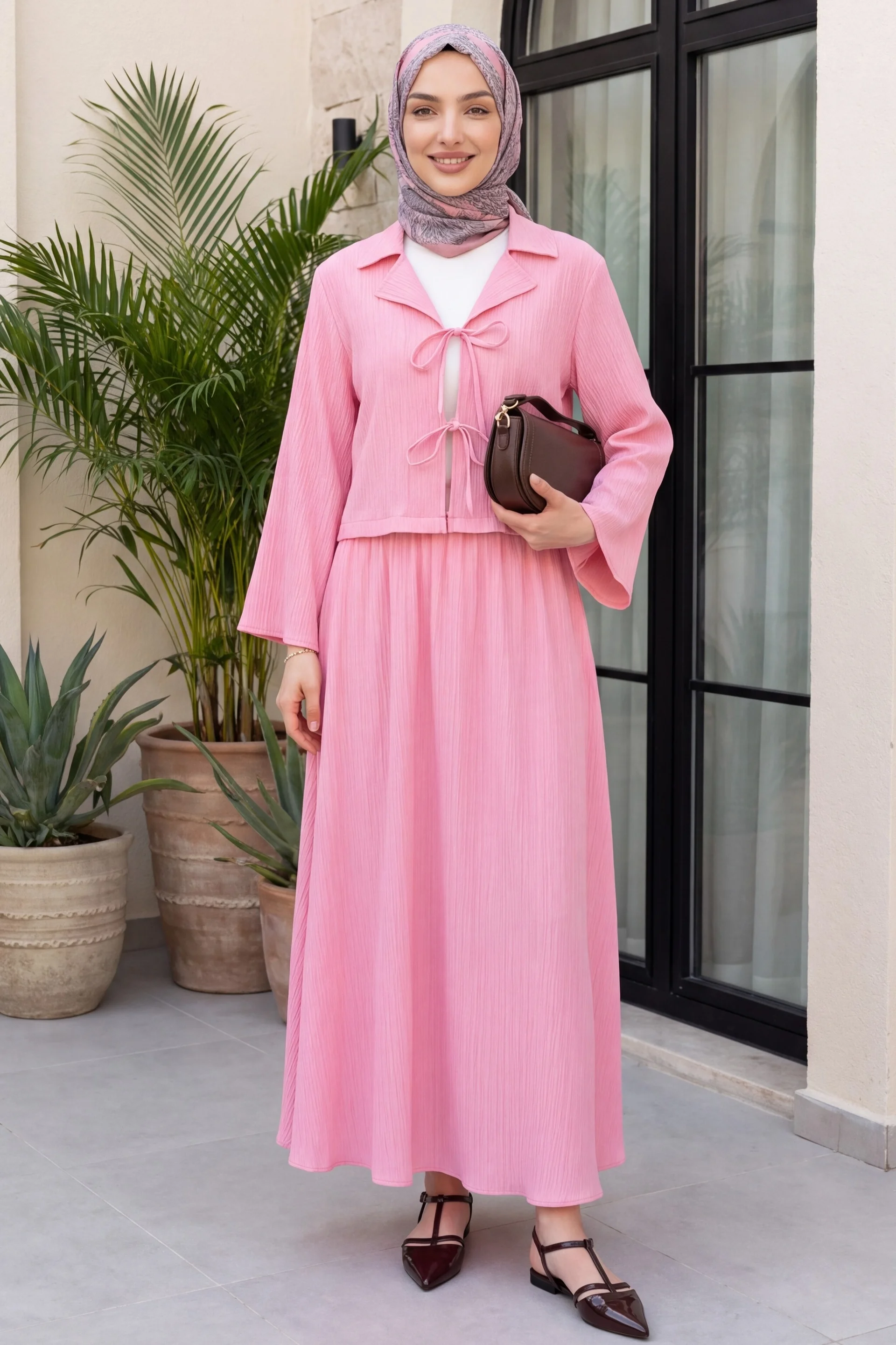 Front-Tied Crinkle Skirt Set - Pink - Podyumplus - by Peralane