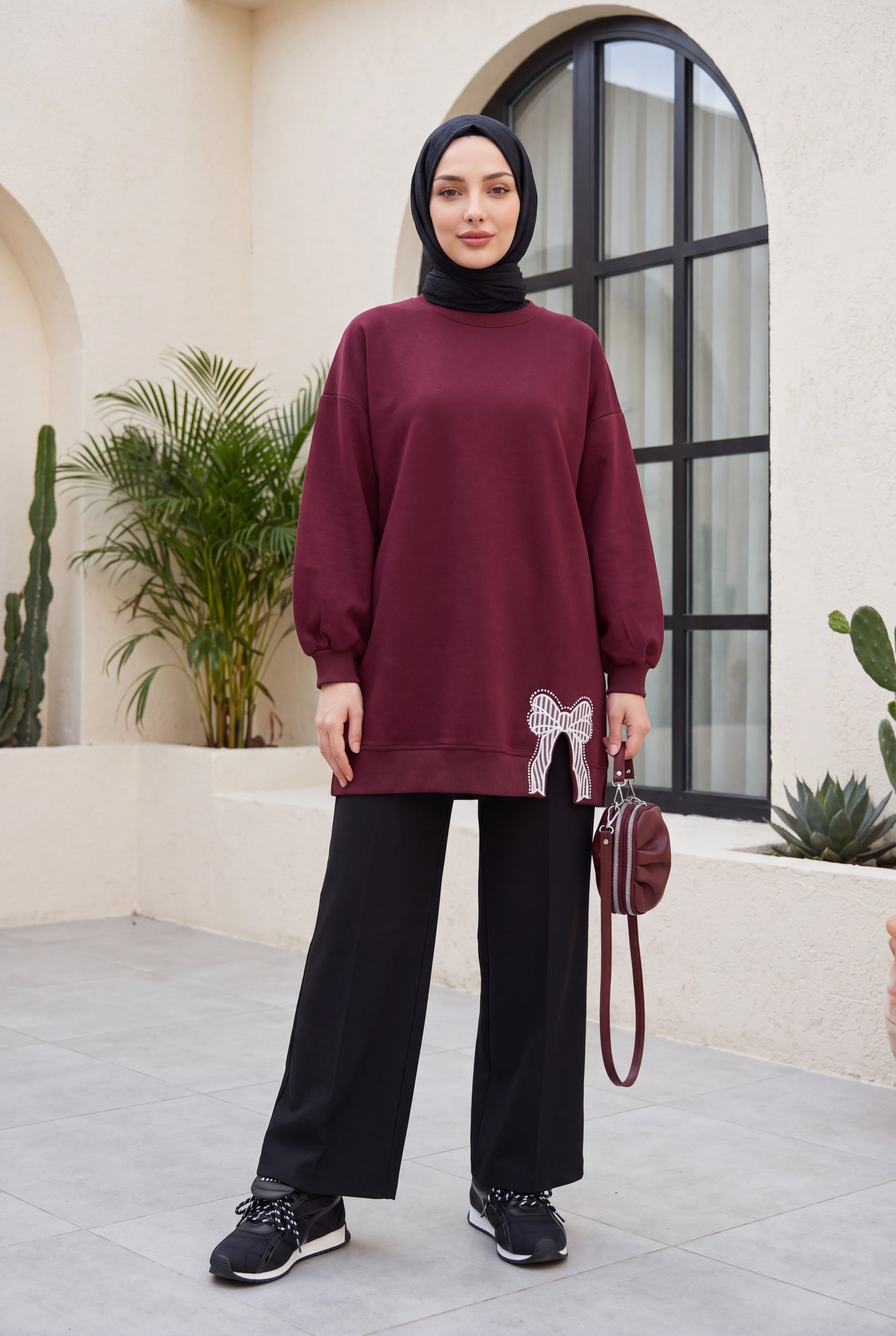 Round Neck Bow Detail Relaxed Knit Tunic - Burgundy - Podyumplus - by Peralane - photo 4