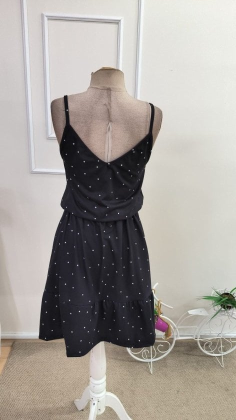 Women's Black Polka Dot Spaghetti Strap V-Neck Button Dress with Drawstring Waist - Janes - by Peralane - photo 5