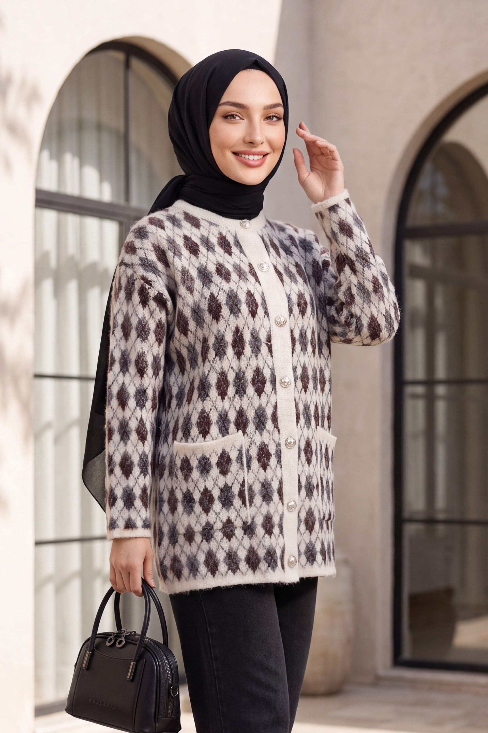 Cuffed Pocket Patterned Buttoned Soft Knit Cardigan - Stone Color - Podyumplus - by Peralane