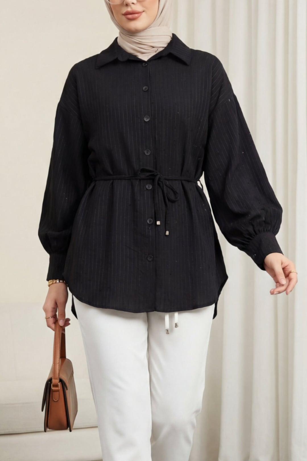 Black Tie Waist Sequin Detail Button-Up Shirt - Podyumplus - by Peralane