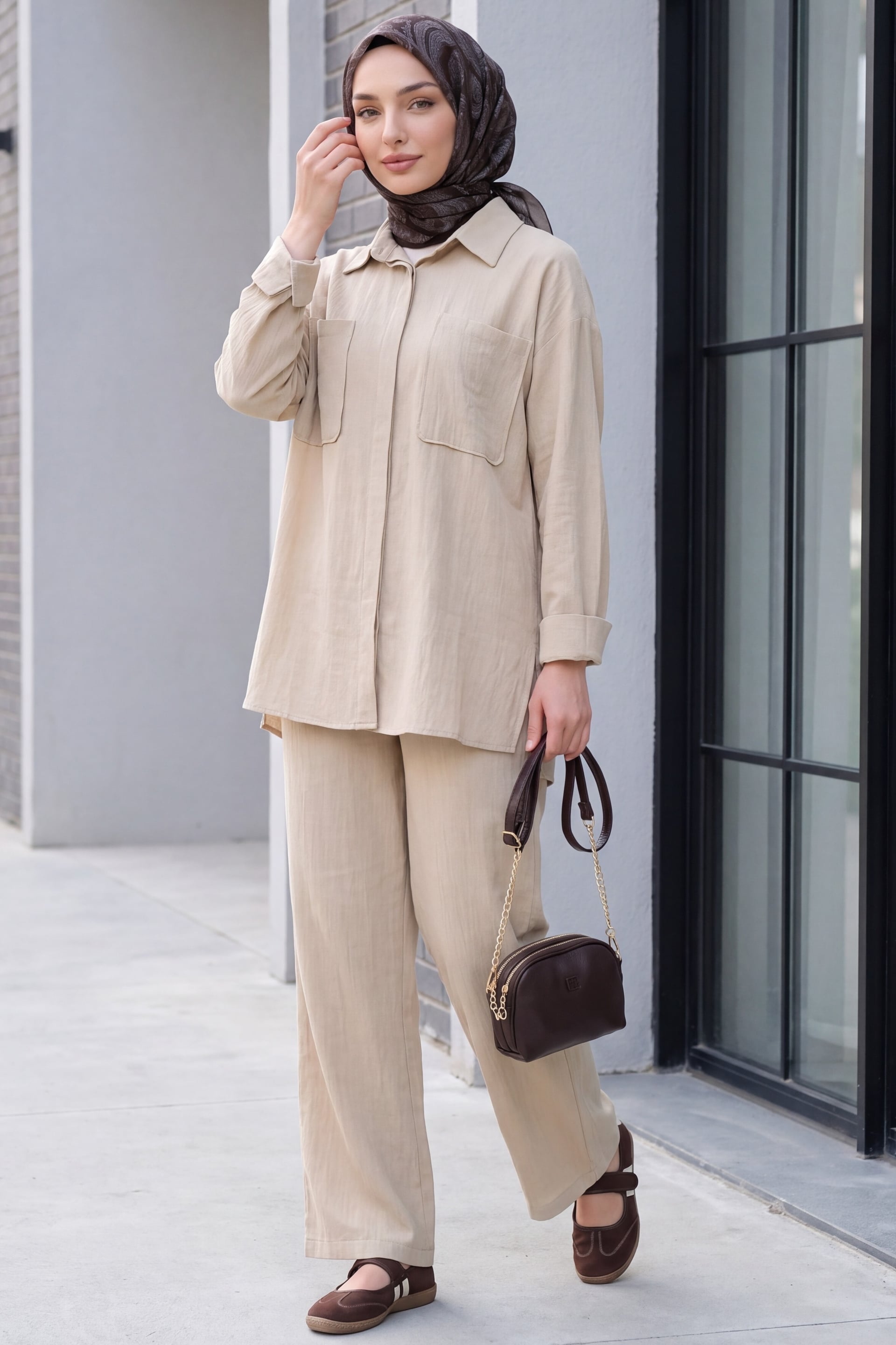 Beige Linen Look Two-Piece Set with Bellows Pockets - Podyumplus - by Peralane - photo 2