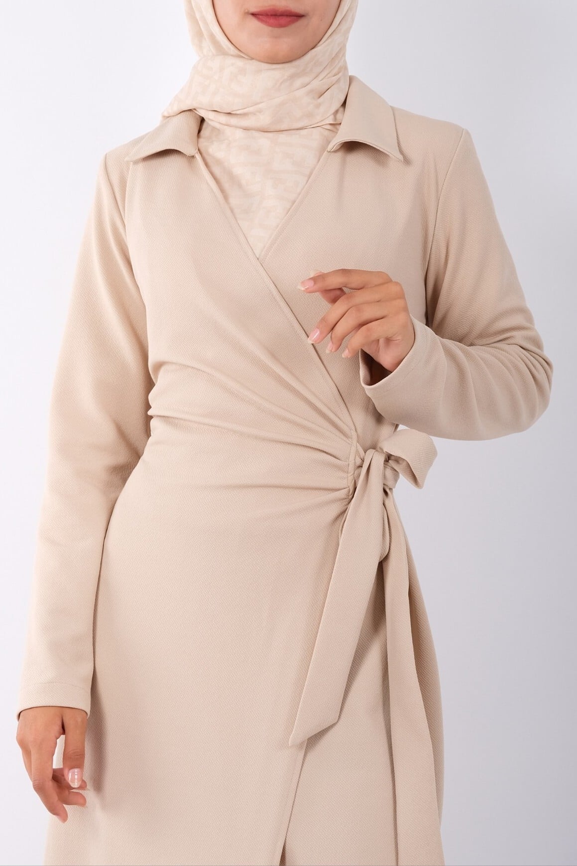 Women's Double-Layer Wrap Dress with Side Tie - Beige - Podyumplus - by Peralane - photo 4