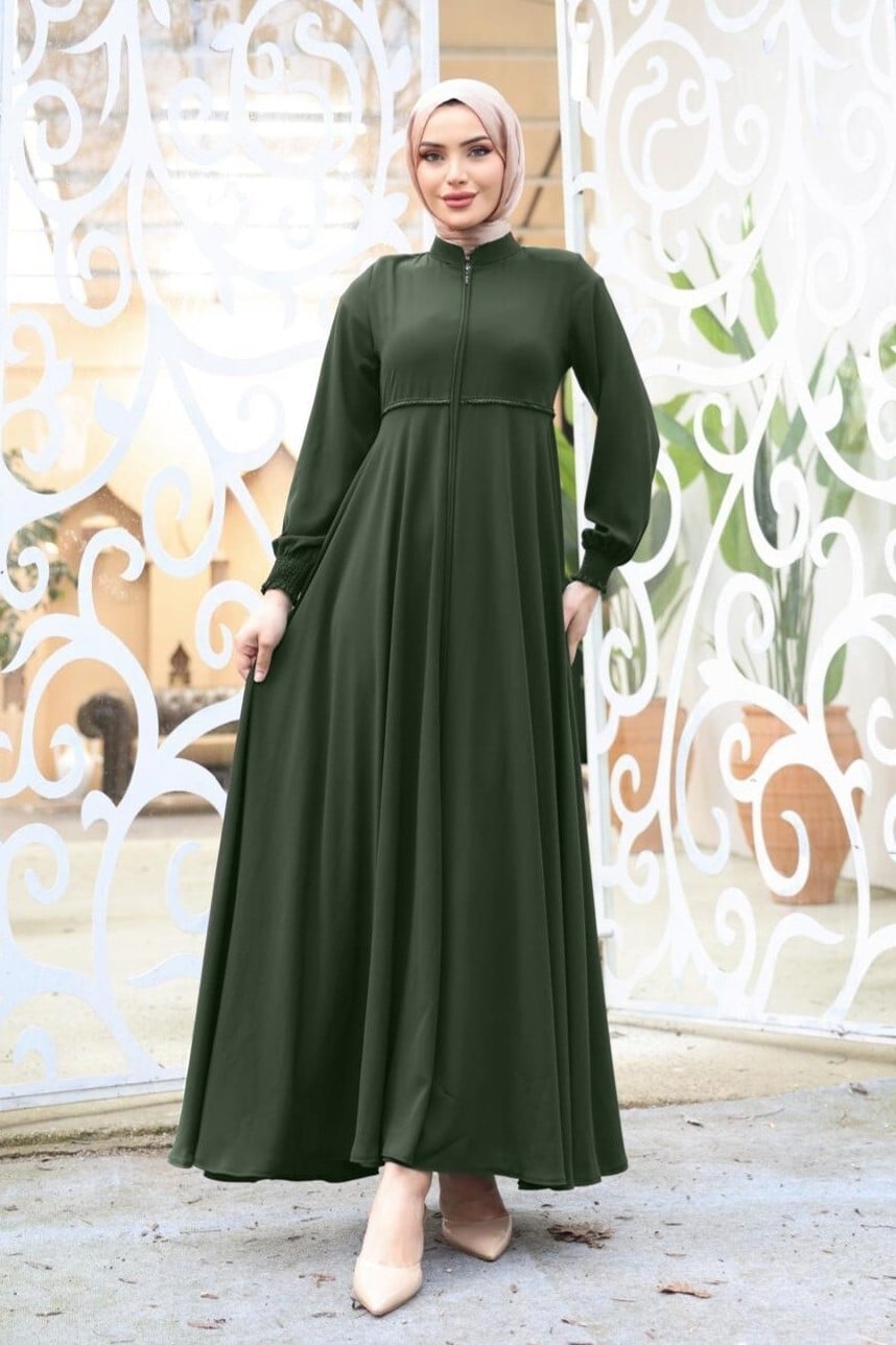 Ruffled Waist Padded Shoulder Abaya with Elasticated Cuffs - Khaki - Podyumplus - by Peralane - photo 2