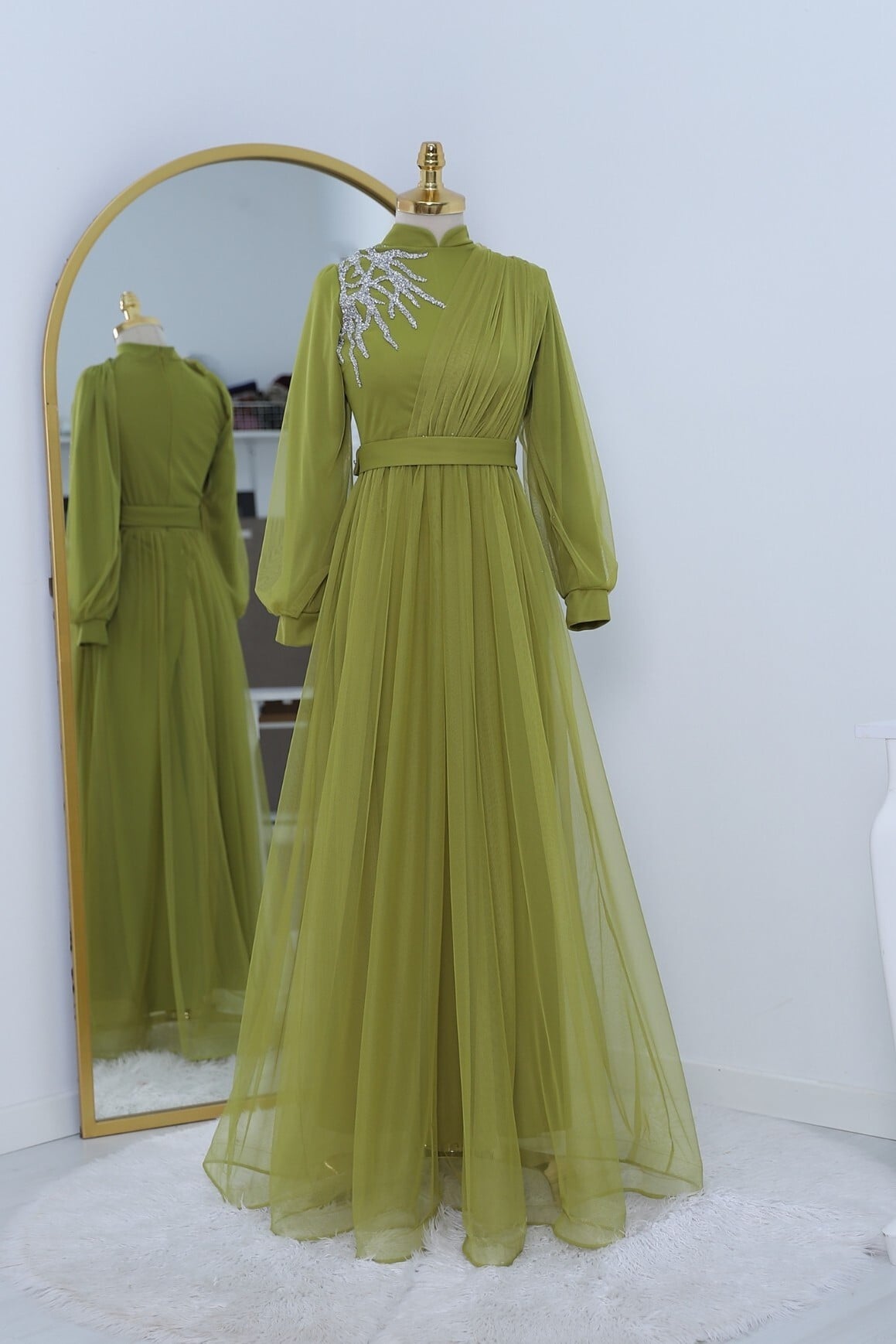 Olive Green Tulle Formal Dress with Stone Details and Belt - Podyumplus - by Peralane - photo 5