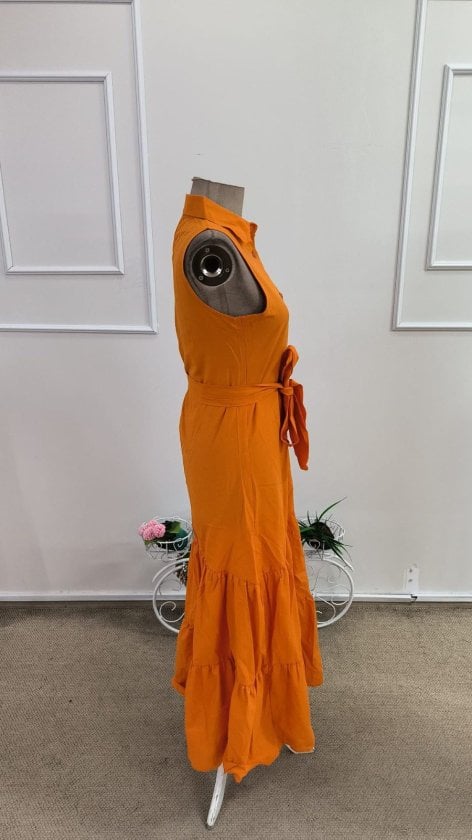 Women's Sleeveless Collared Button-Front Long Tricoton Dress with Belt - Janes - by Peralane - photo 5