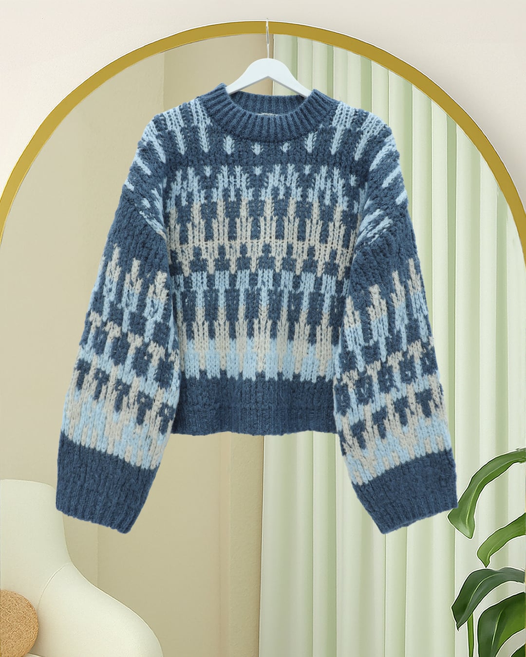 Mixed Pattern Round Neck Knitted Sweater - Indigo - Podyumplus - by Peralane - photo 3