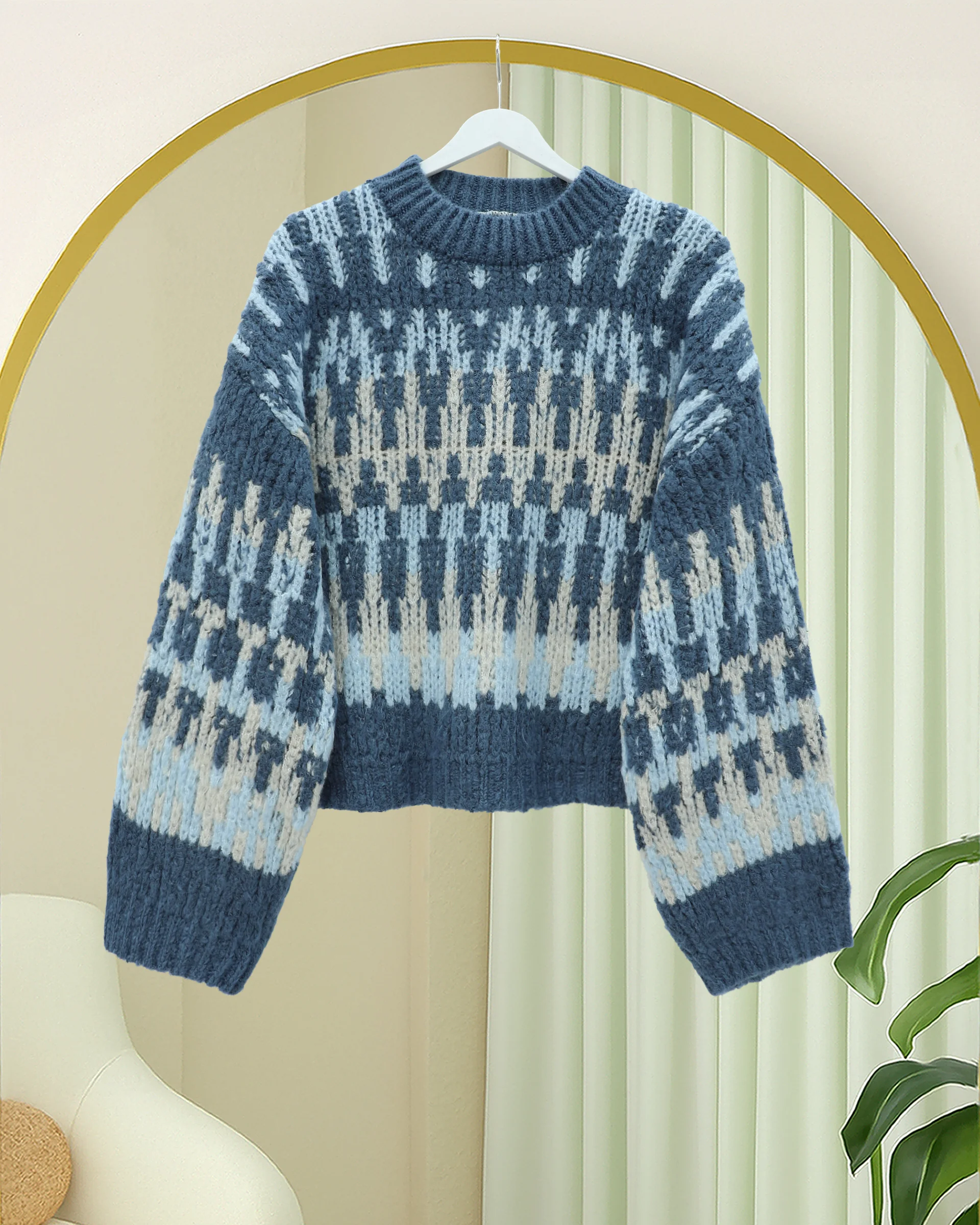 Mixed Pattern Round Neck Knitted Sweater - Indigo - Podyumplus - by Peralane - photo 3
