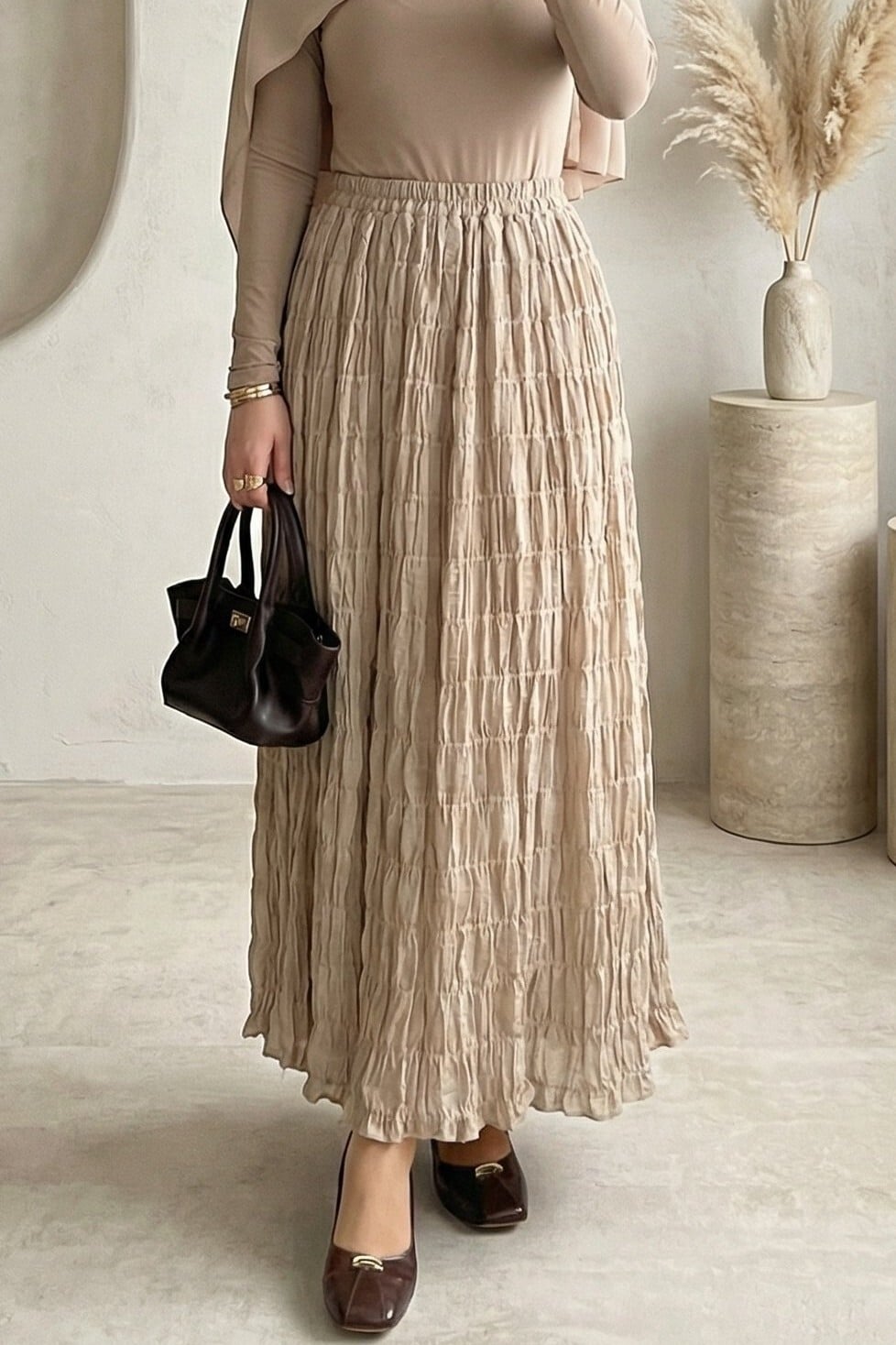 Lined Gathered Modal Maxi Skirt - Beige - Podyumplus - by Peralane
