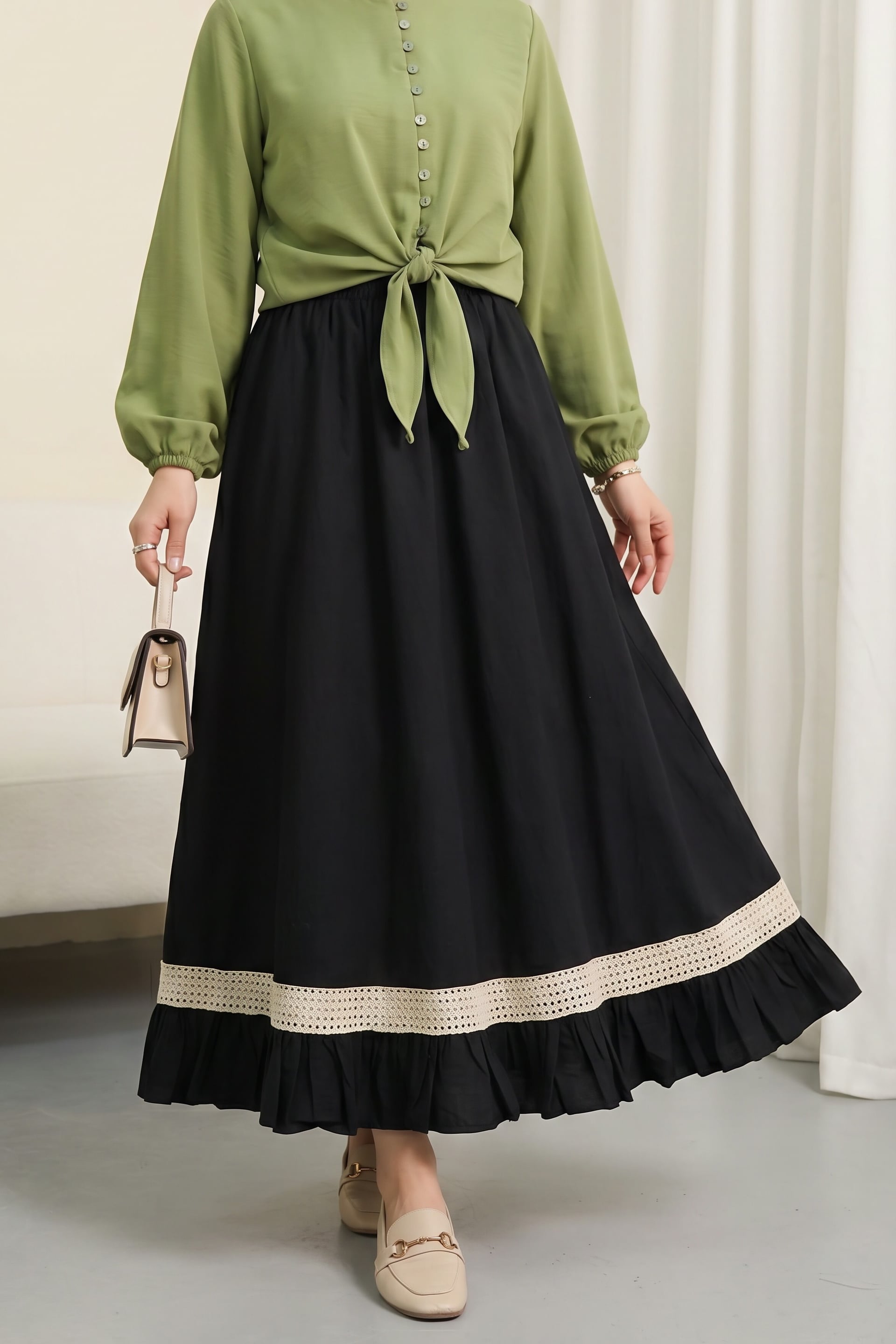 Elastic Waist Lace Trim Ruffle Voile Skirt - Black - Podyumplus - by Peralane