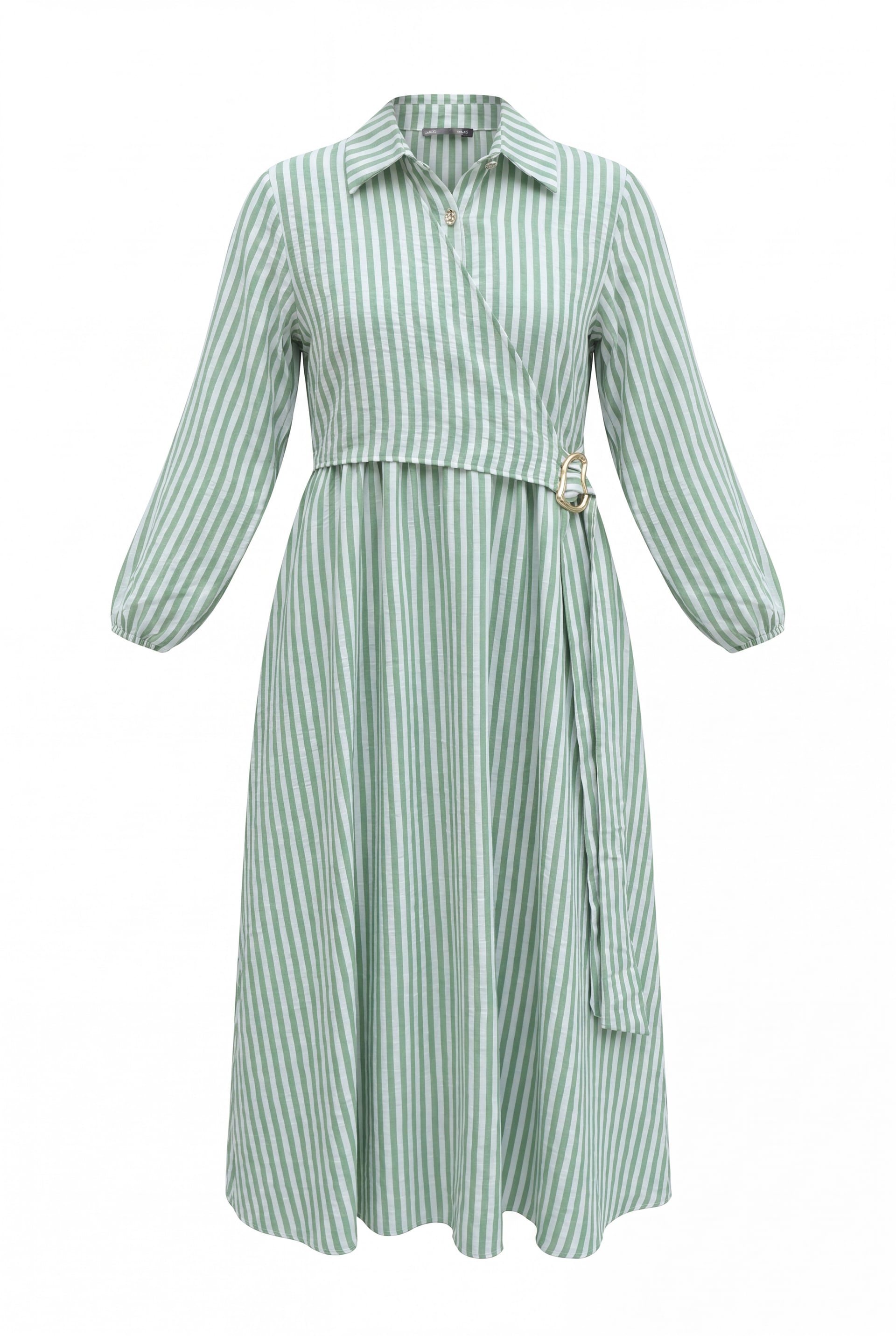 Striped Linen Wrap Dress with Belt - Green - Podyumplus - by Peralane - photo 2