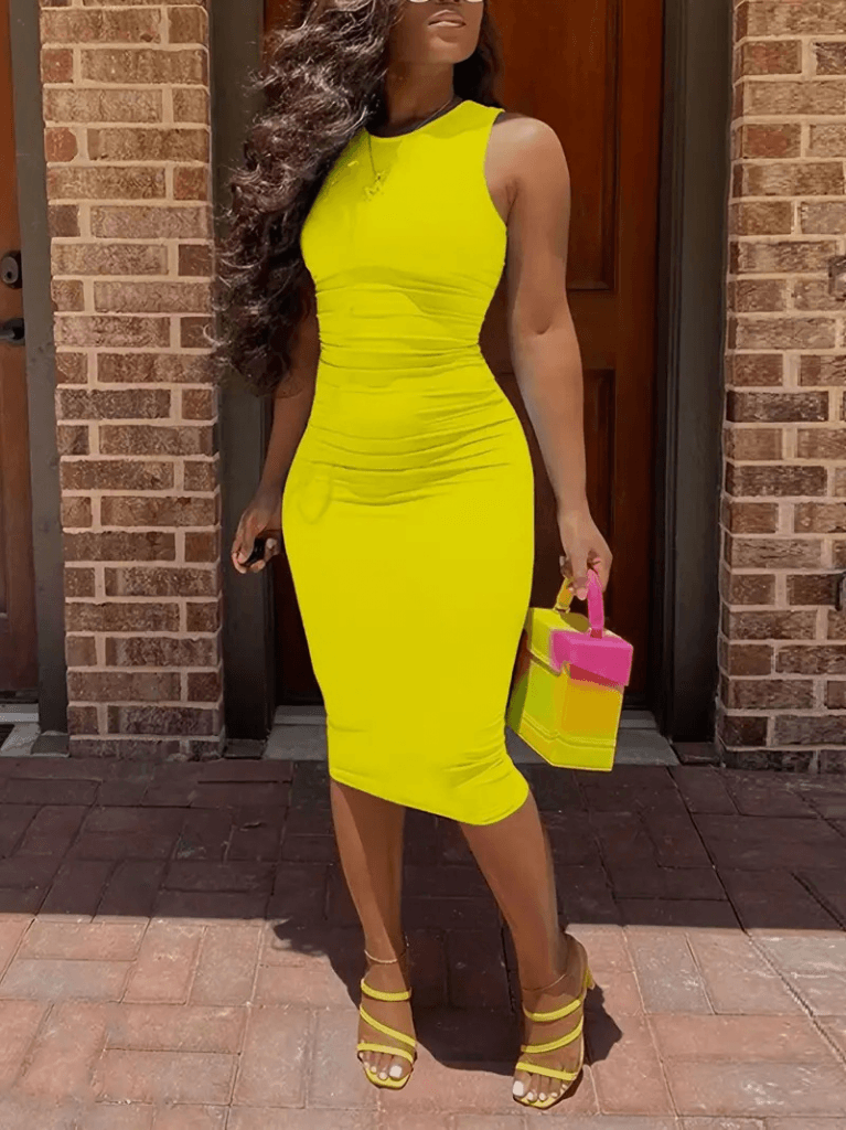 Women's Sleeveless Bodycon Midi Dress in Bright Yellow with Side Ruching - Janes - by Peralane - photo 3