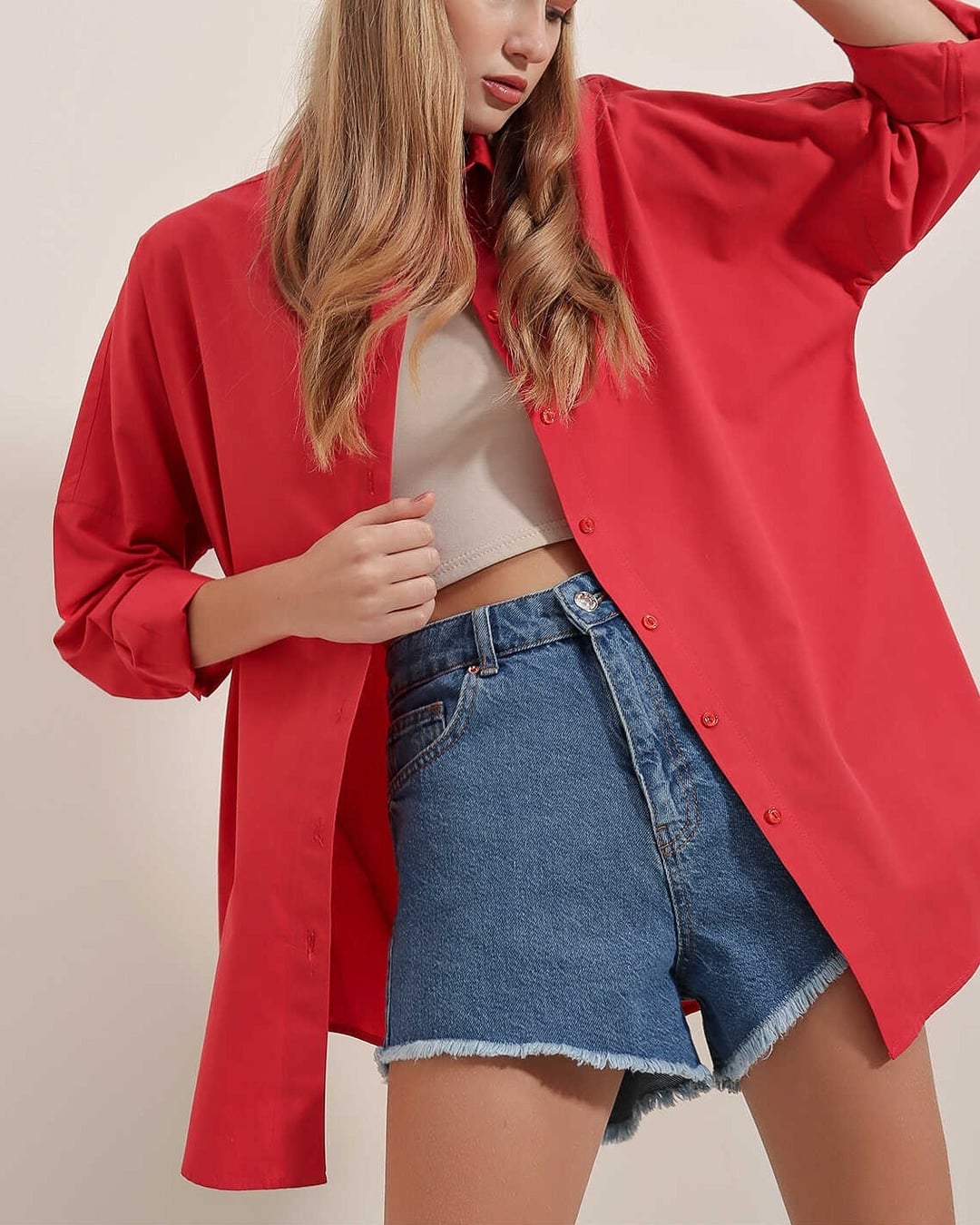 Oversize Long Basic Shirt - Red - Bigdart - by Peralane - photo 4