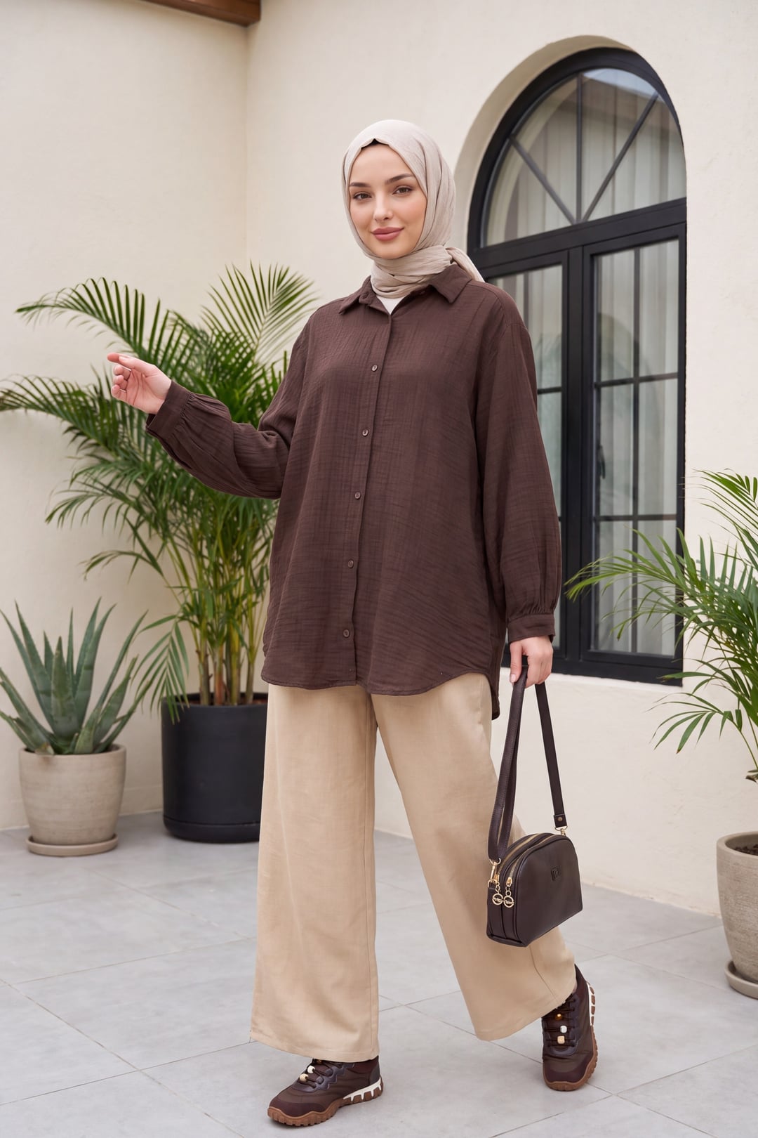 Oval Cut Buttoned Muslin Blouse - Dark Brown - Podyumplus - by Peralane - photo 2