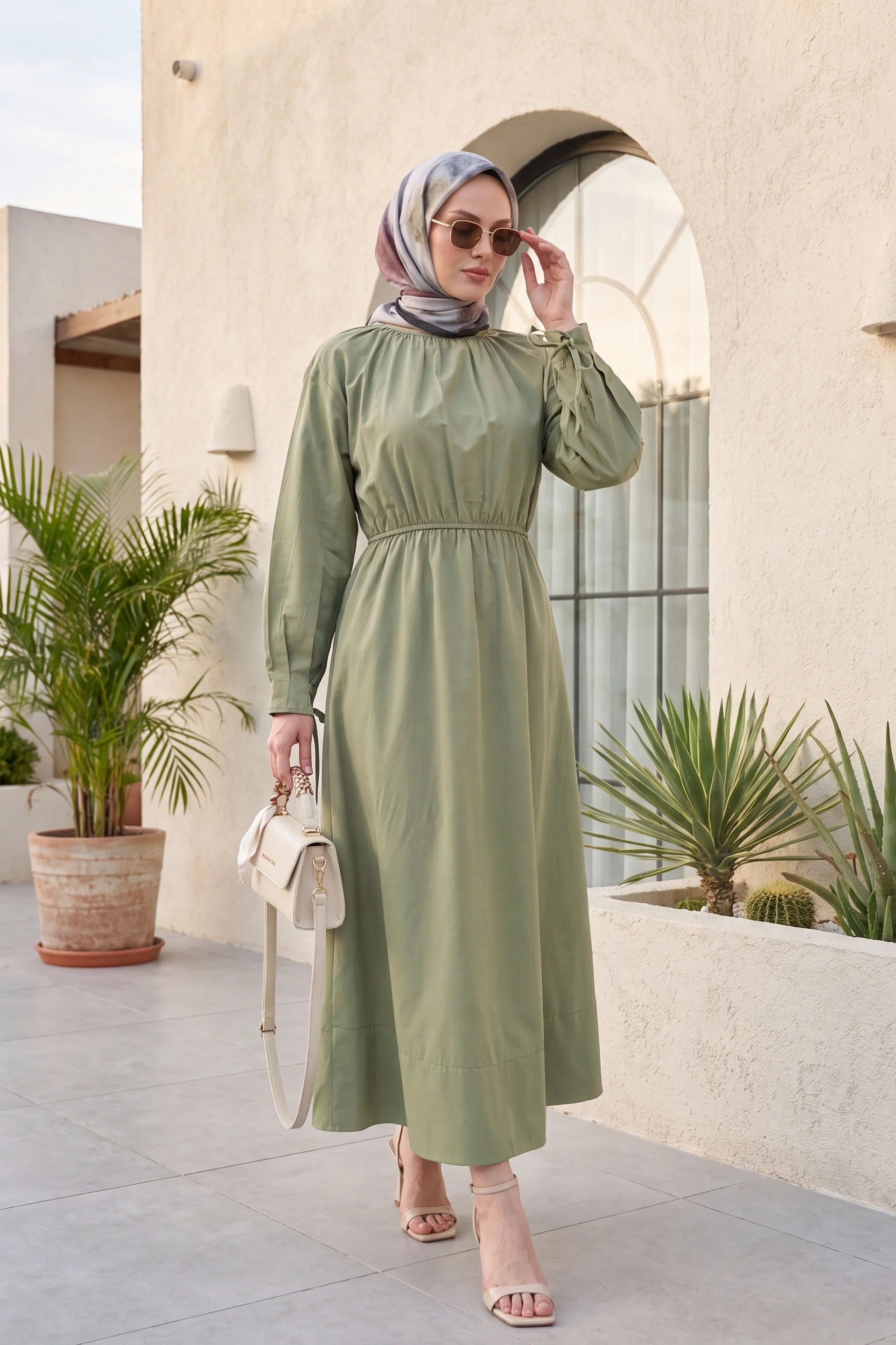 Tie Detail Elasticated Waist Poplin Dress - Khaki - Podyumplus - by Peralane