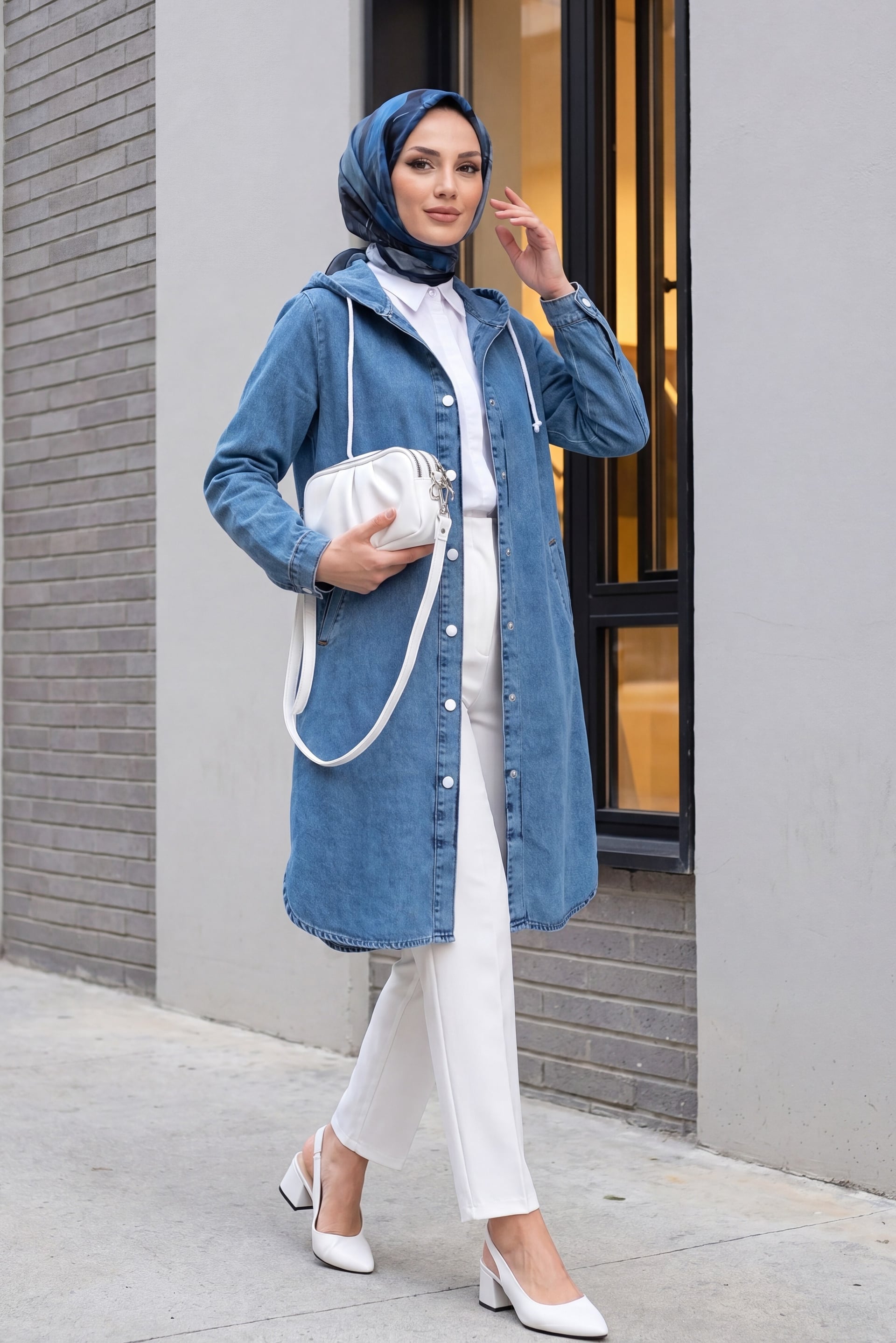Hooded Buttoned Denim Tunic - Ice Blue - Podyumplus - by Peralane - photo 4