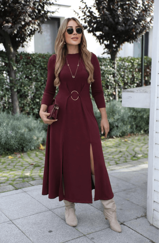 Women's Long-Sleeved Crew Neck Dress with Front Ring Detail and Side Slits - Janes - by Peralane - photo 3