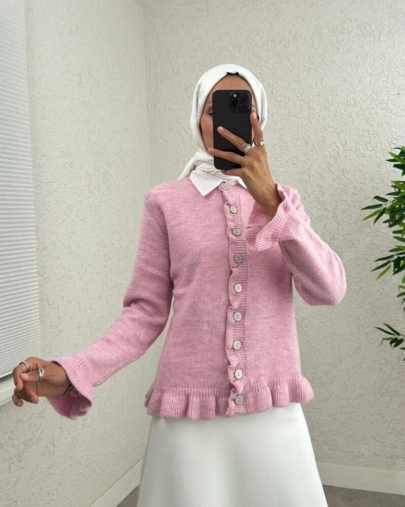 Pink Button-Front Cardigan with Ruffled Hem - Modest Style - Podyumplus - by Peralane - photo 5