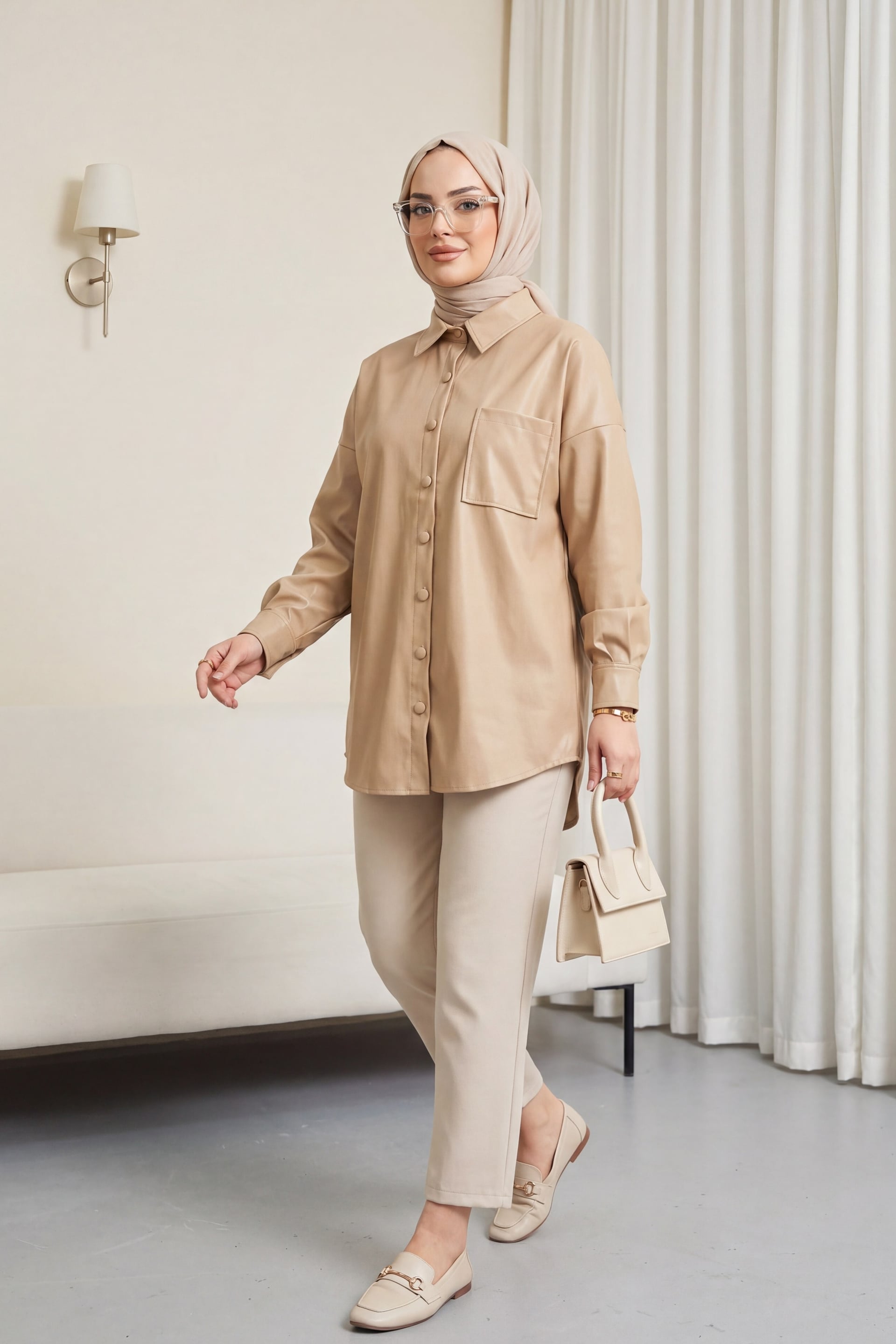 Women's Single Pocket Oval Cut Faux Leather Shirt - Beige - Podyumplus - by Peralane - photo 2