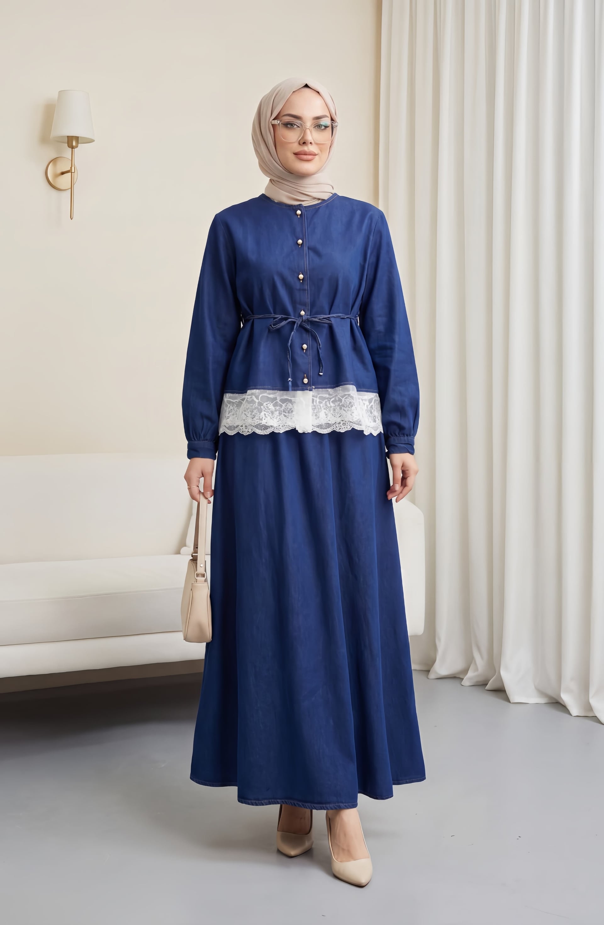 Round Neck Lace Detail Belted Buttoned Denim Skirt Set - Dark Navy - Podyumplus - by Peralane - photo 4