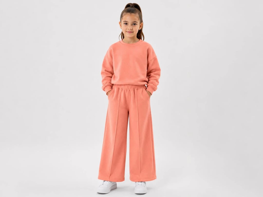 Solid Coral Girls' Sweatshirt and Wide-Leg Trousers Set - Incilay - by Peralane