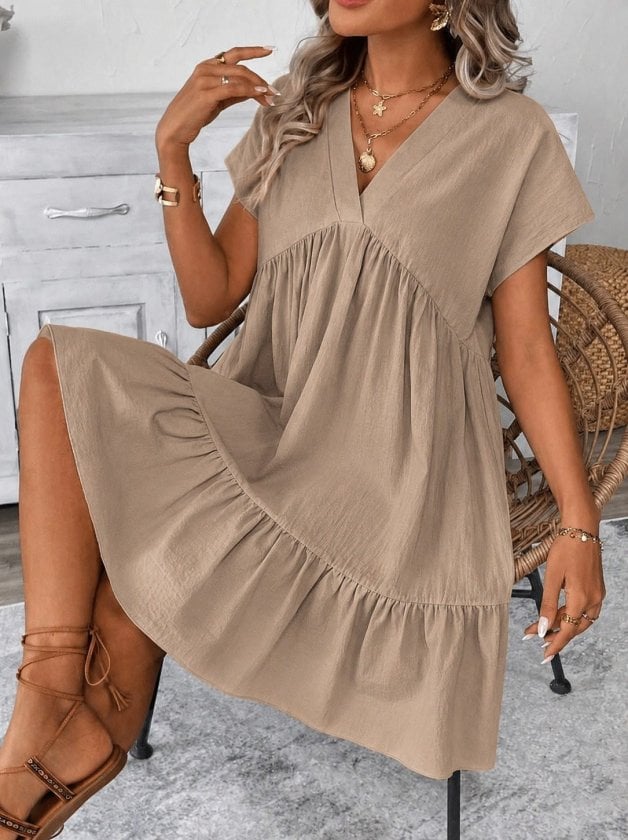 Women's Beige V-Neck Short Sleeve Flutter Sleeve Tiered Ruffle Dress - Janes - by Peralane