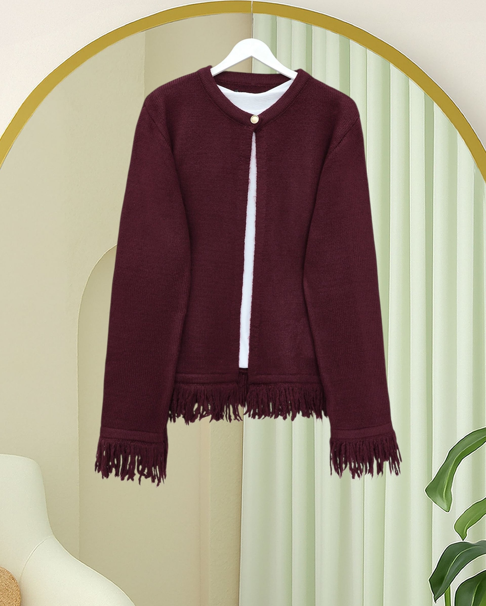 Single Button Fringed Soft Knit Cardigan - Burgundy - Podyumplus - by Peralane - photo 4