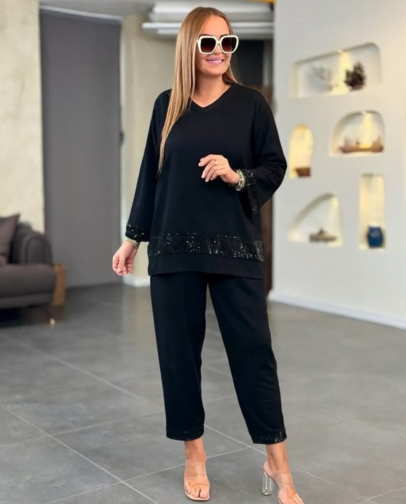 Women's Long Sleeve V-Neck Sequin Trim Viscose Two-Thread Top and Trousers Set - Janes - by Peralane - photo 4