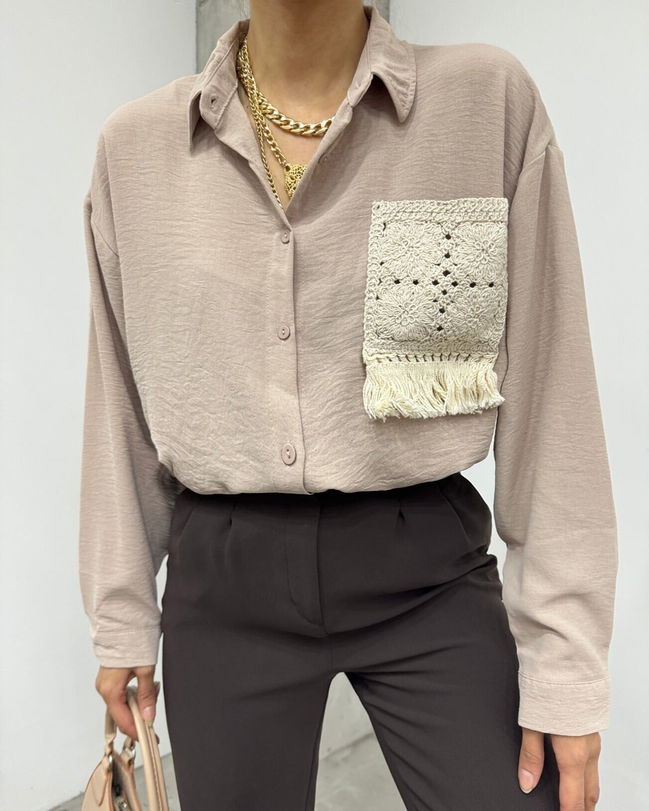 Women's Long-Sleeve Collared Tunic with Crochet Pocket and Fringe Detail - Light Beige - Podyumplus - by Peralane - photo 6
