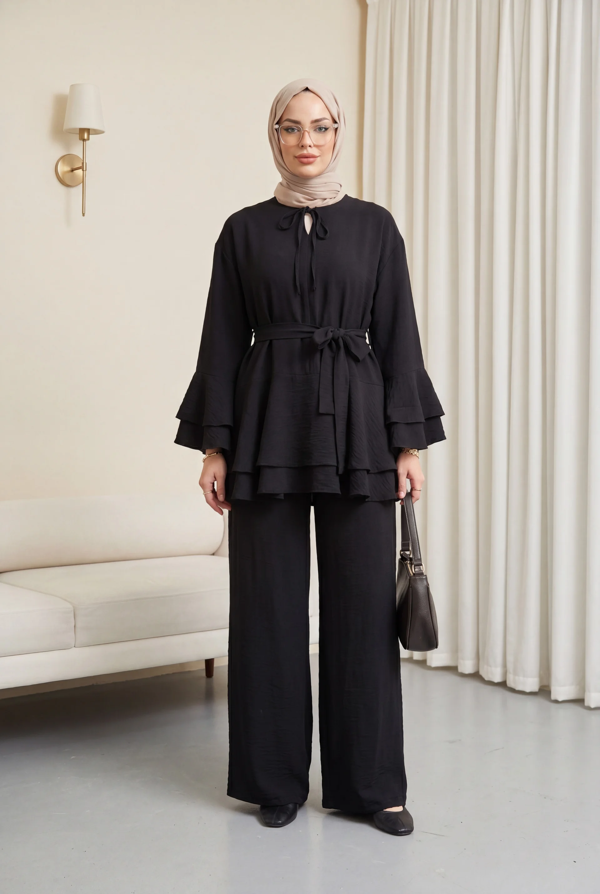 Women's Black Jacquard Waffle Co-ord Set with Flared Sleeve Cuffs, Wide-Leg Trousers and Belt - Podyumplus - by Peralane - photo 5