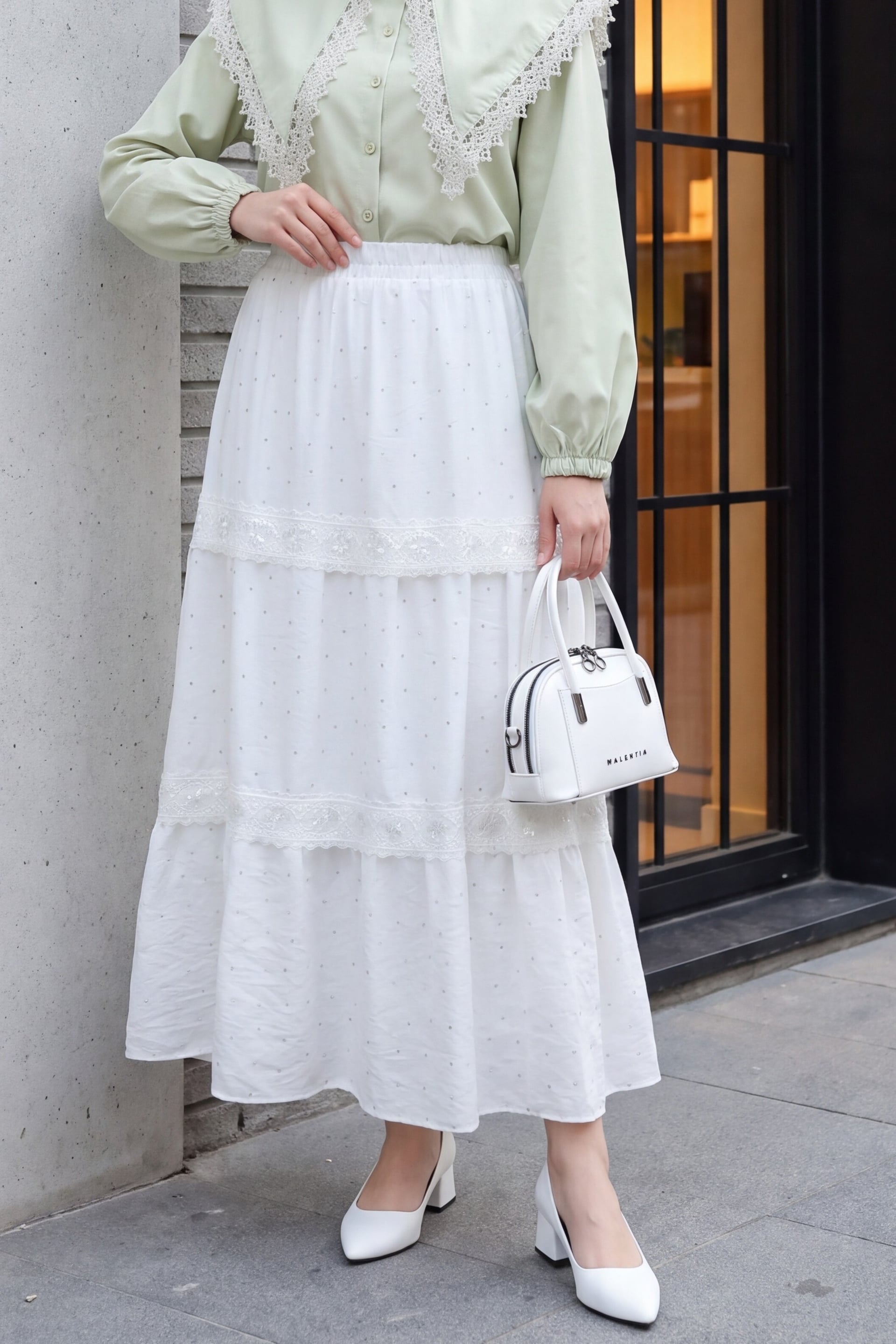 White Lace Trim and Stone Detail Voile Skirt with Elastic Waistband - Podyumplus - by Peralane