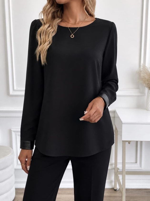 Women's Long Sleeve Crew Neck Blouse with Faux Leather Cuff Detail - Janes - by Peralane