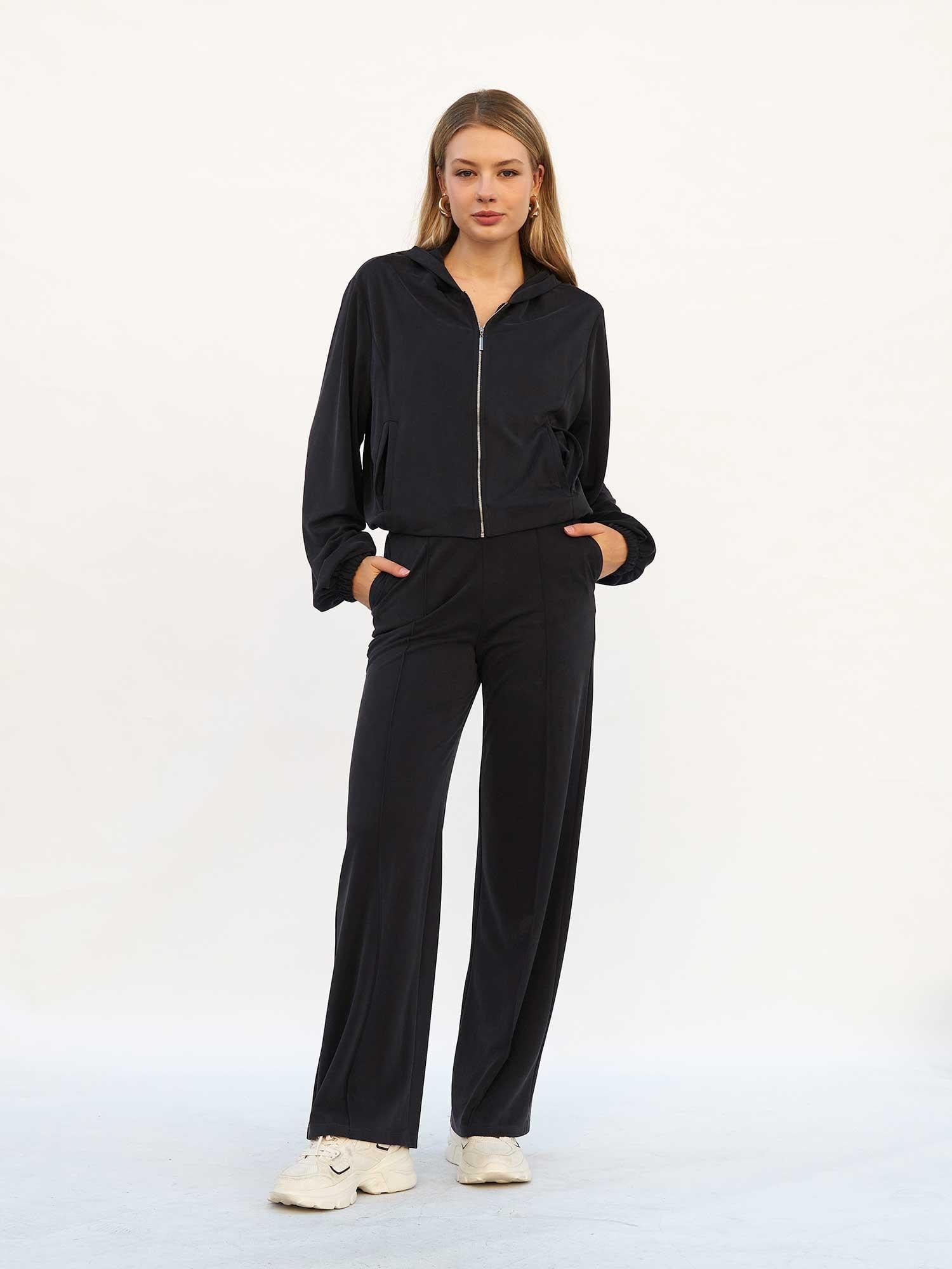 Black Hooded Knit Bomber Tracksuit Set for Women - Lefon - by Peralane - photo 2