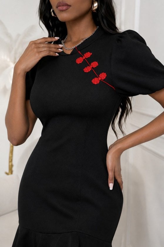 Women's Black Crepe Dress with Mandarin Collar and Red Floral Detail - Janes - by Peralane - photo 2