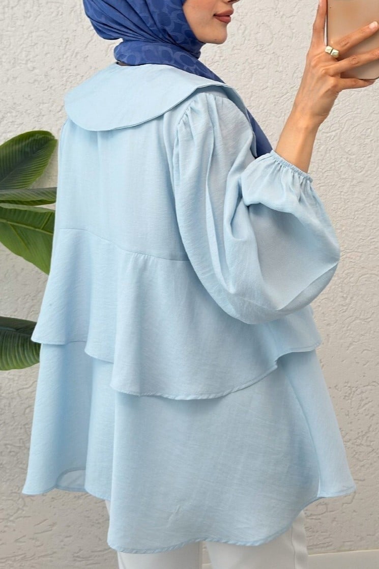 Light Blue Tie-Front Layered Peplum Kimono Blouse - Podyumplus - by Peralane - photo 7