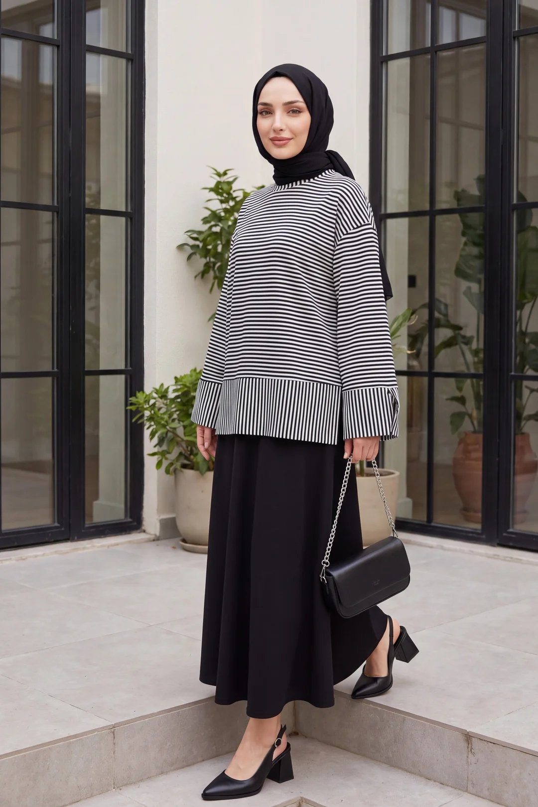 Crew Neck Slit Striped Viscose Sweatshirt - Black - Podyumplus - by Peralane - photo 4