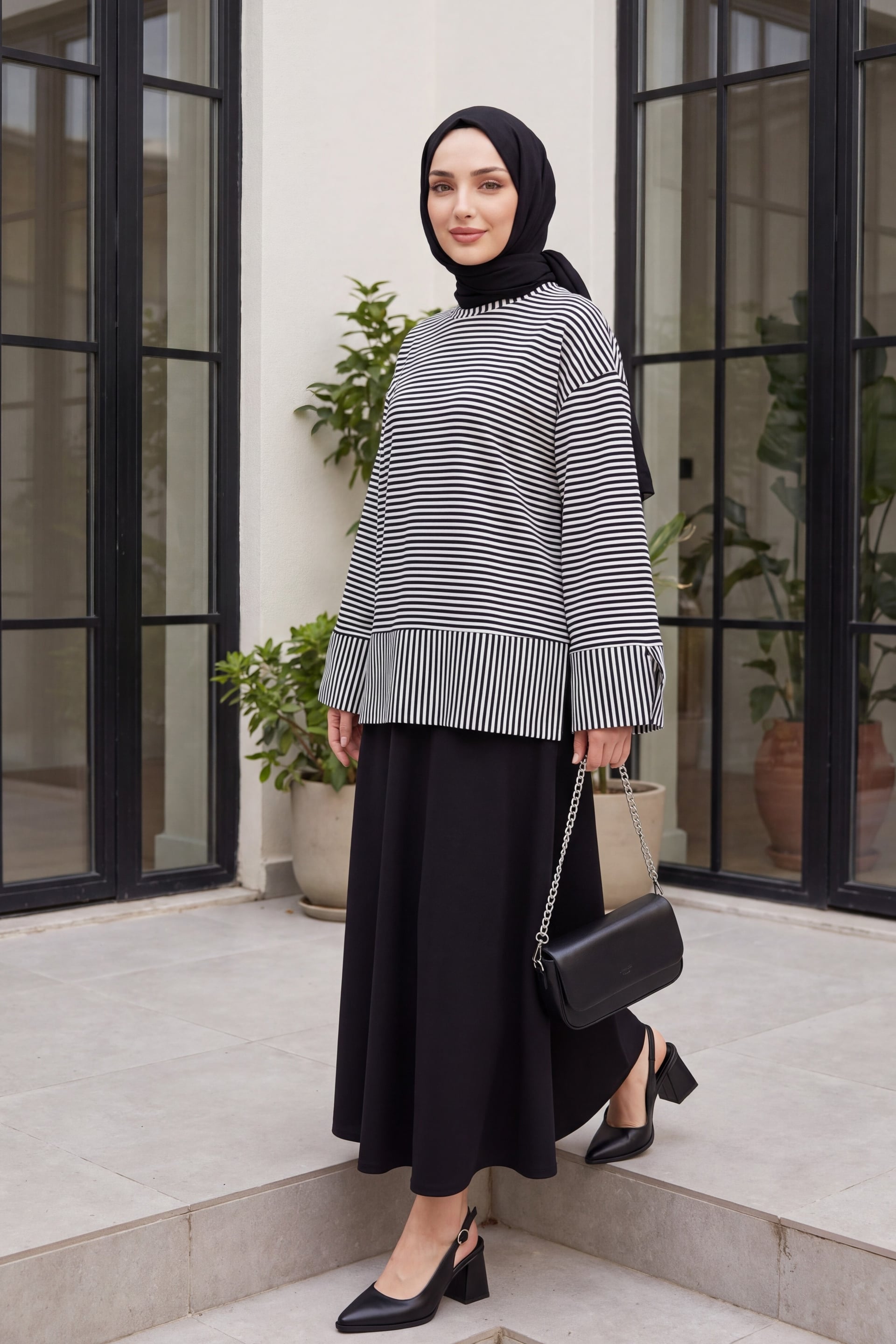 Crew Neck Slit Striped Viscose Sweatshirt - Black - Podyumplus - by Peralane - photo 4