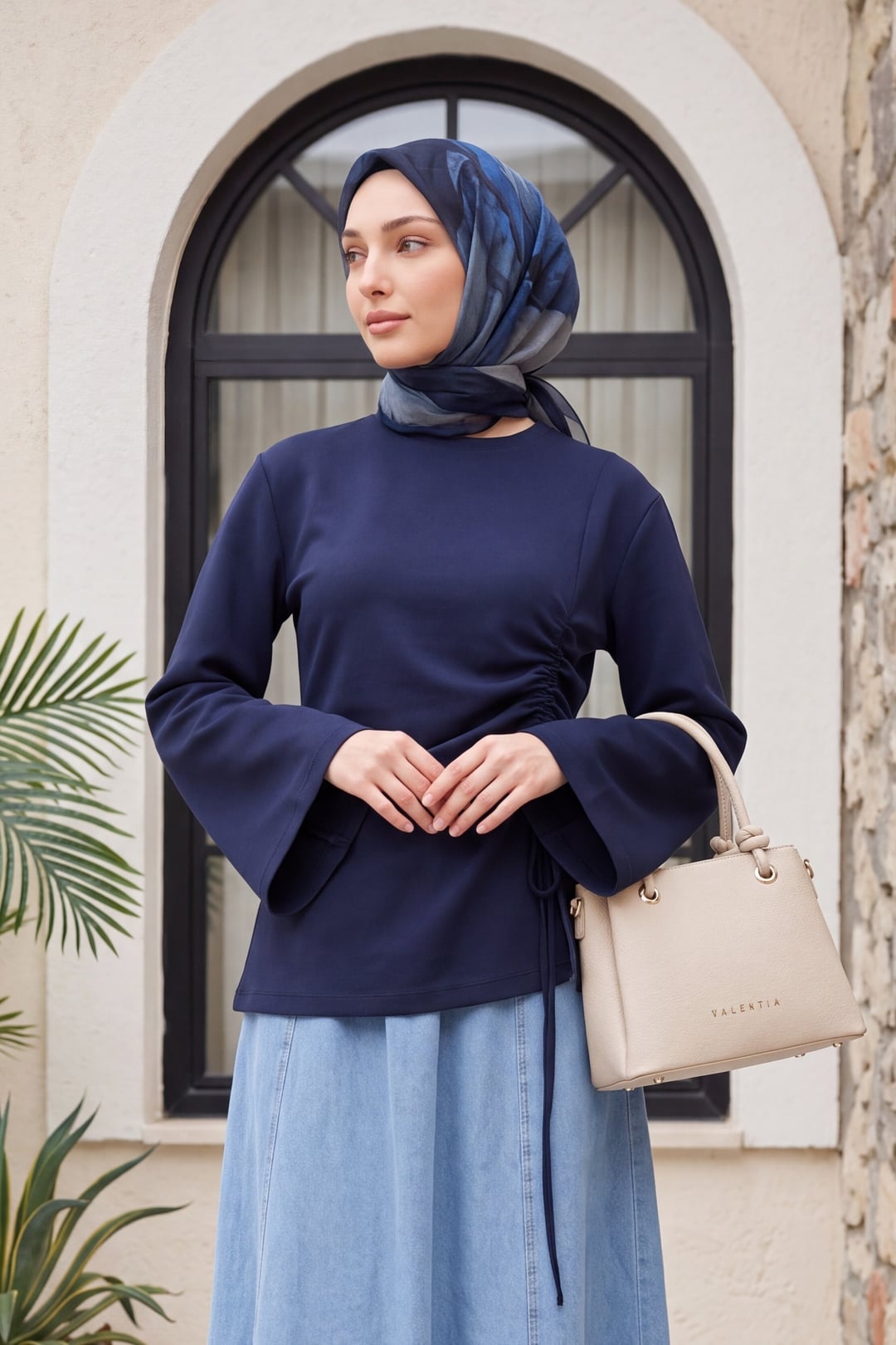 Women's Navy Blue Asymmetric Drawstring Sweatshirt - Podyumplus - by Peralane - photo 2