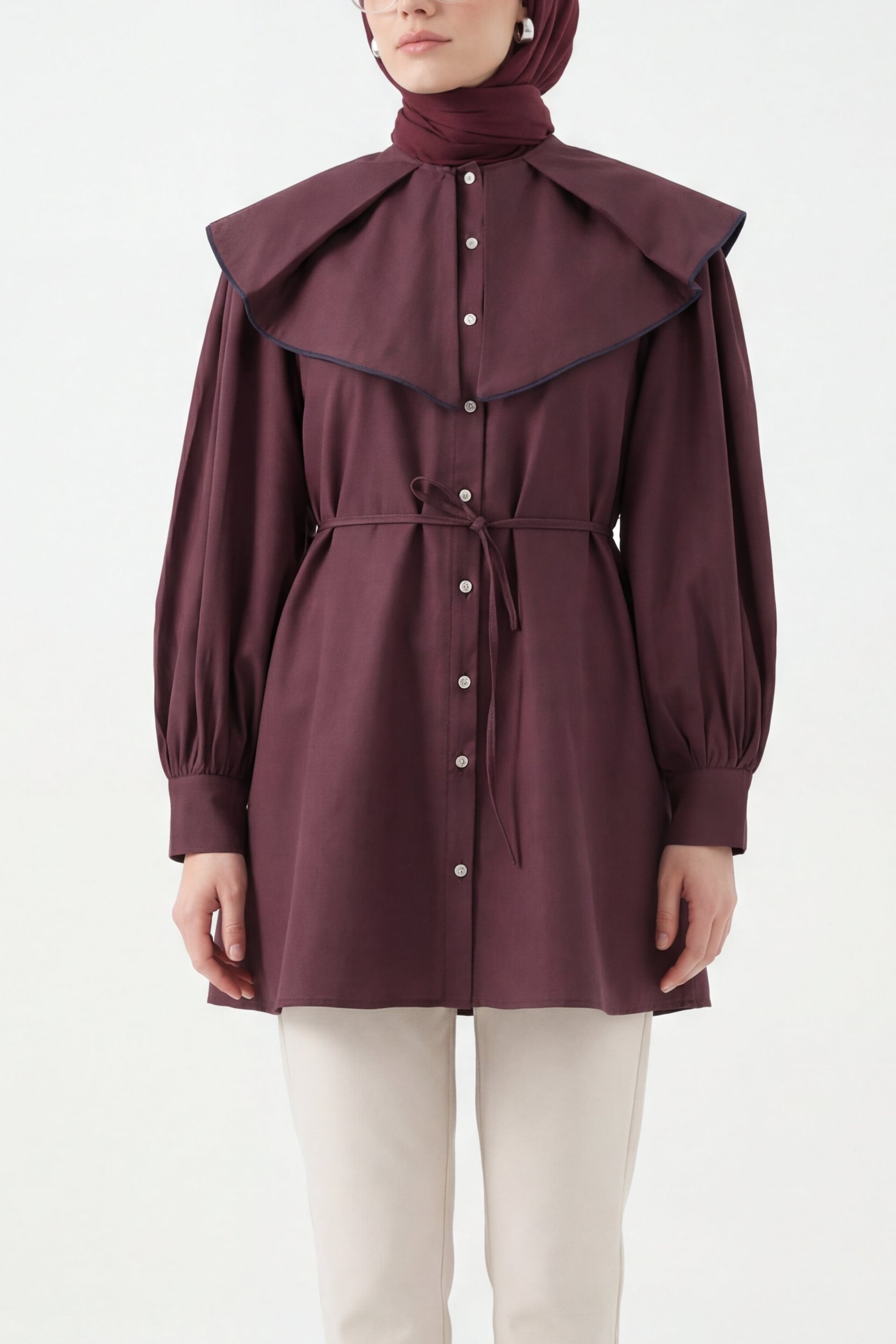 Wide Collar Belted Button-Front Tunic - Plum - Podyumplus - by Peralane