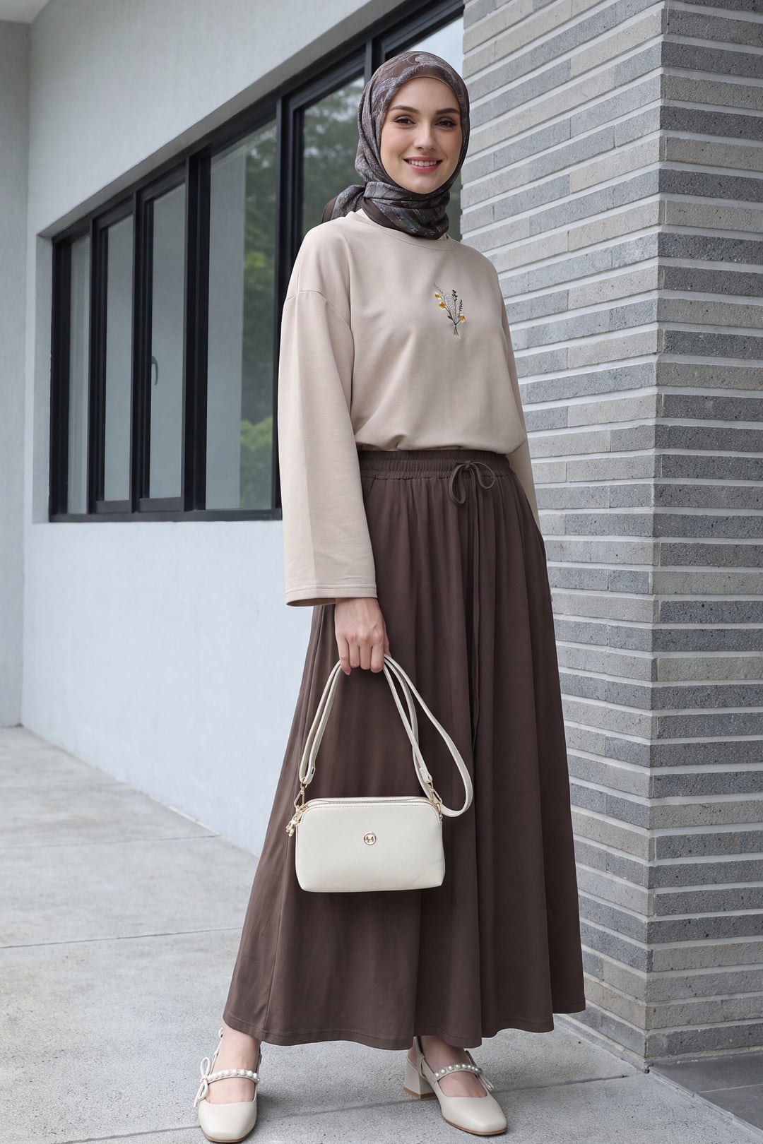 Crew Neck Oversize Knit T-Shirt with Floral Embroidery - Light Beige - Podyumplus - by Peralane - photo 4