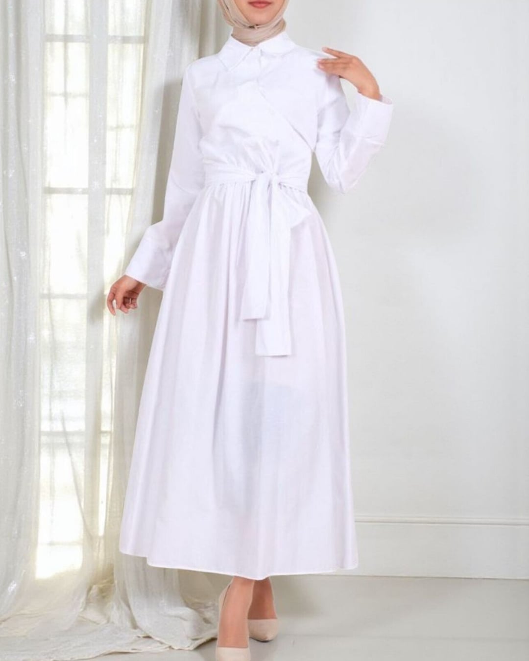 White Cross-Button Self-Tie Belt Shirt Collar Dress - Podyumplus - by Peralane
