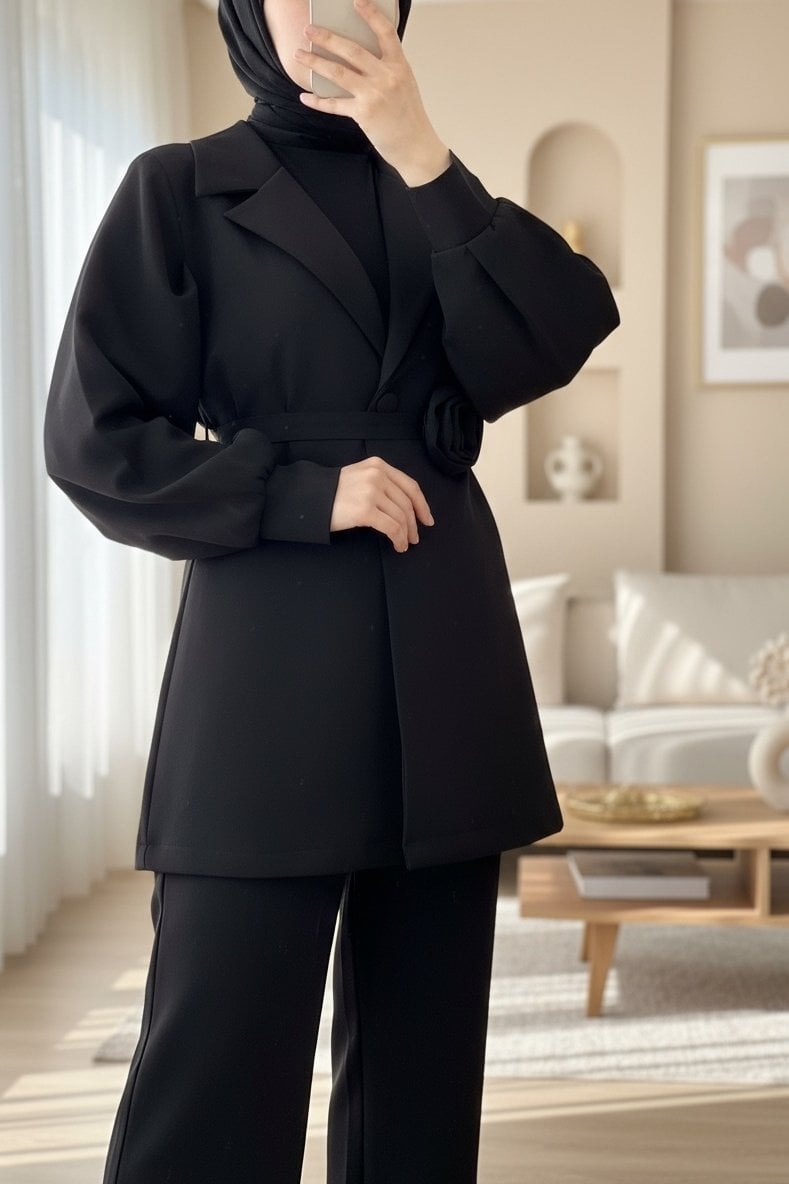 Belted Rose Detail Double-Breasted Jacket and Wide-Leg Trousers Set - Black - Podyumplus - by Peralane