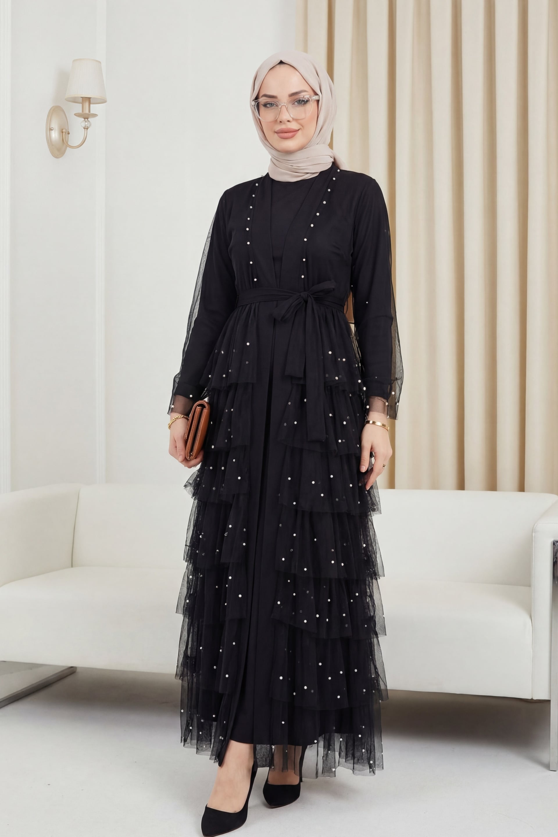 Layered Pearl-Embellished Tulle Abaya Set - Black - Podyumplus - by Peralane