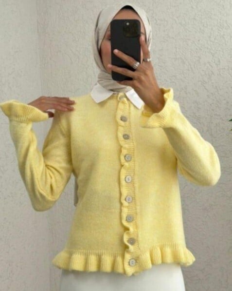 Light Yellow Ruffled Trim Button-Front Cardigan - Podyumplus - by Peralane - photo 4