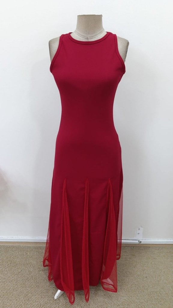 Women's Sleeveless High Neck Long Red Dress with Tulle Detail - Janes - by Peralane - photo 6