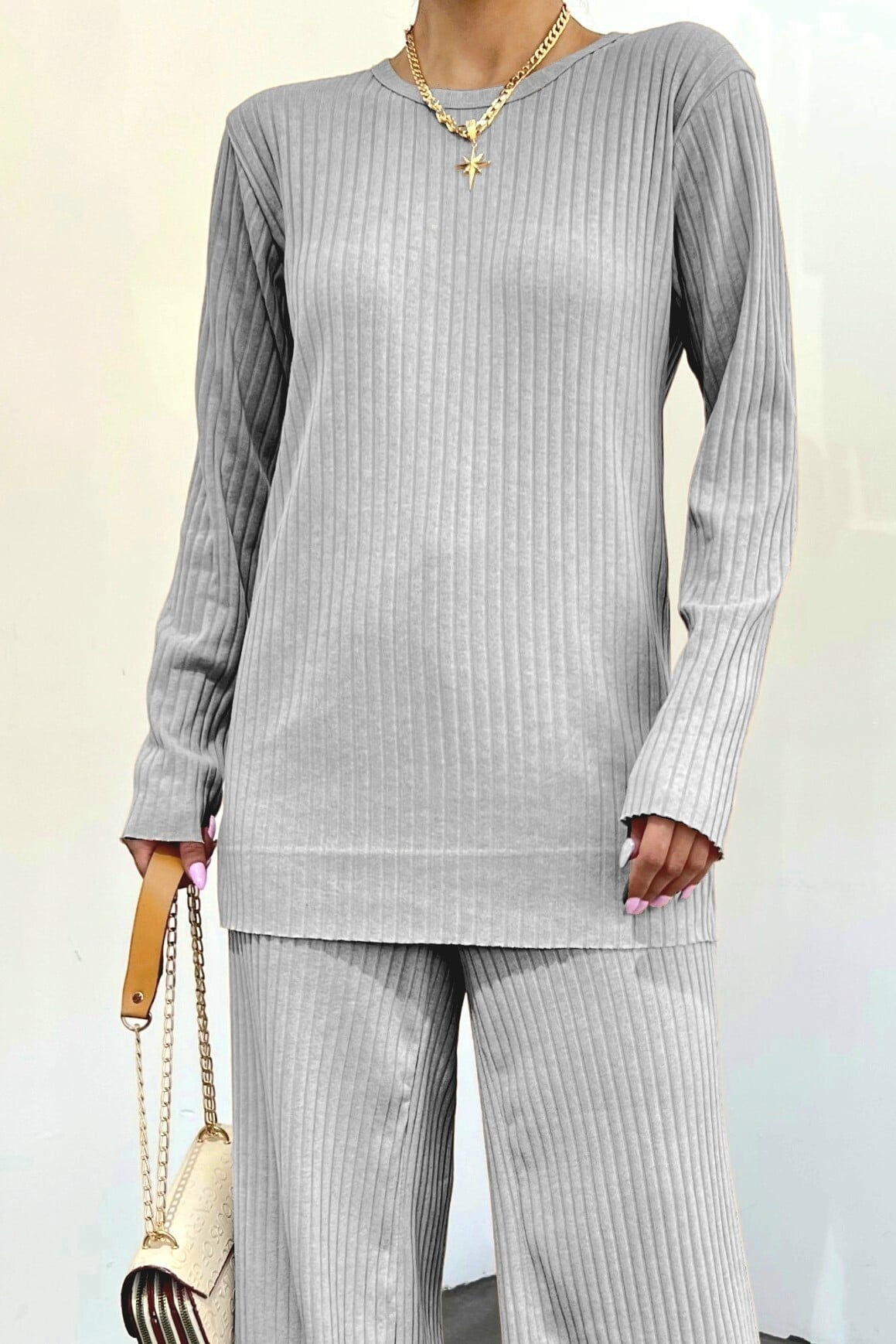 Light Grey Ribbed Knit Lounge Set with Long-Sleeved Top and Wide-Leg Trousers - Podyumplus - by Peralane - photo 4