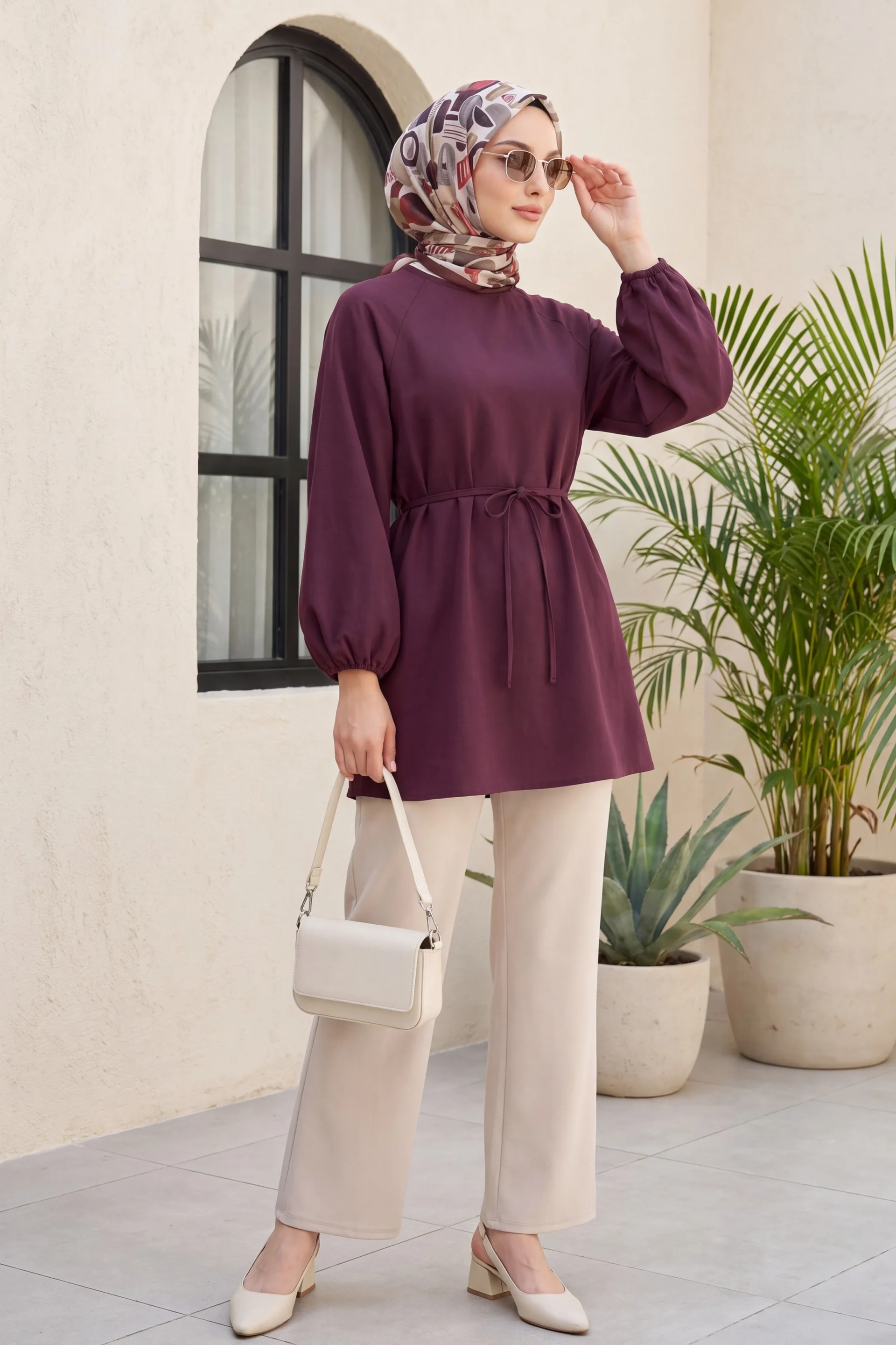 Round Neck Tie Waist Balloon Sleeve Tunic - Burgundy - Podyumplus - by Peralane - photo 3